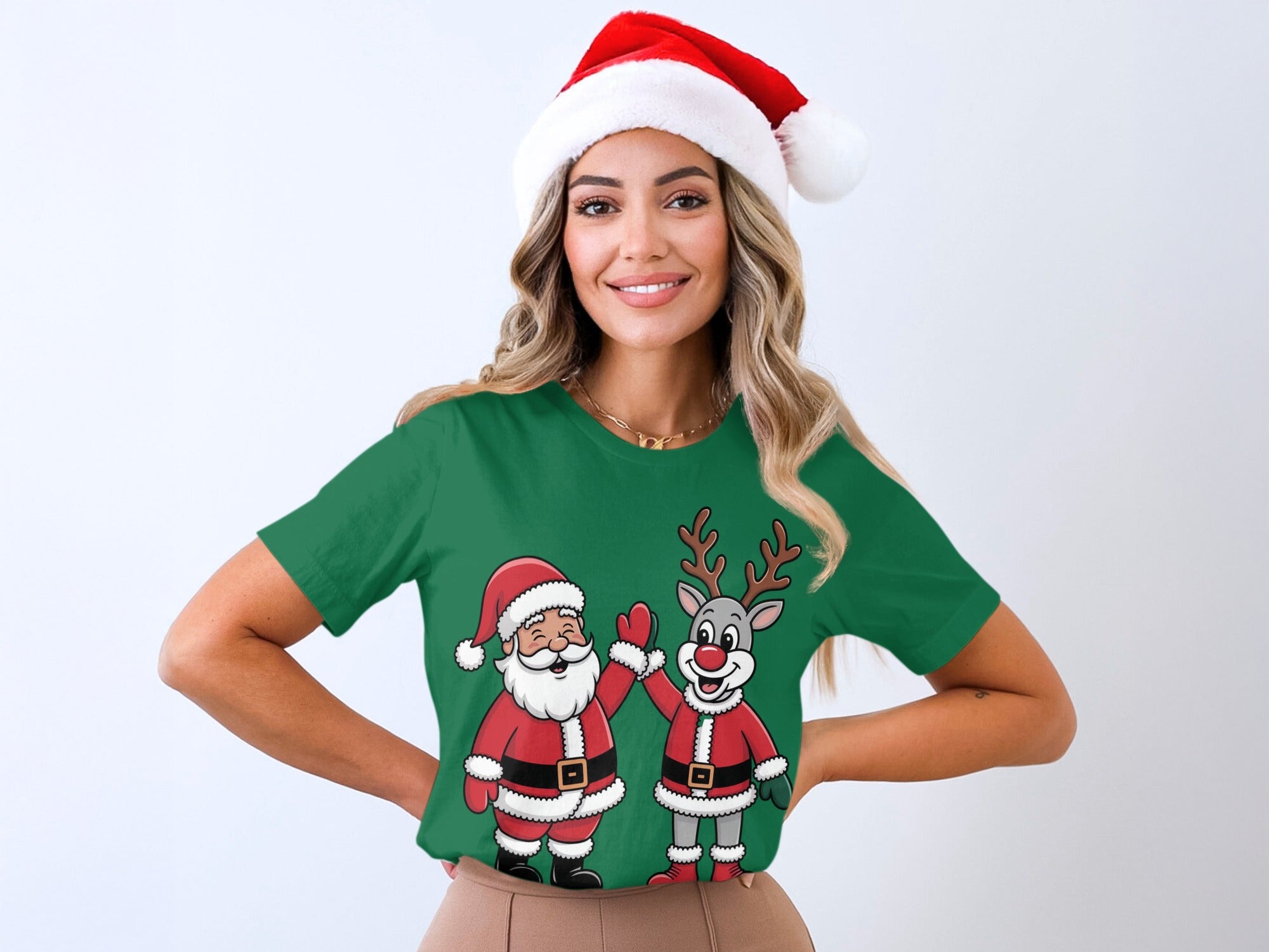 Santa and Reindeer Design Christmas T-Shirt