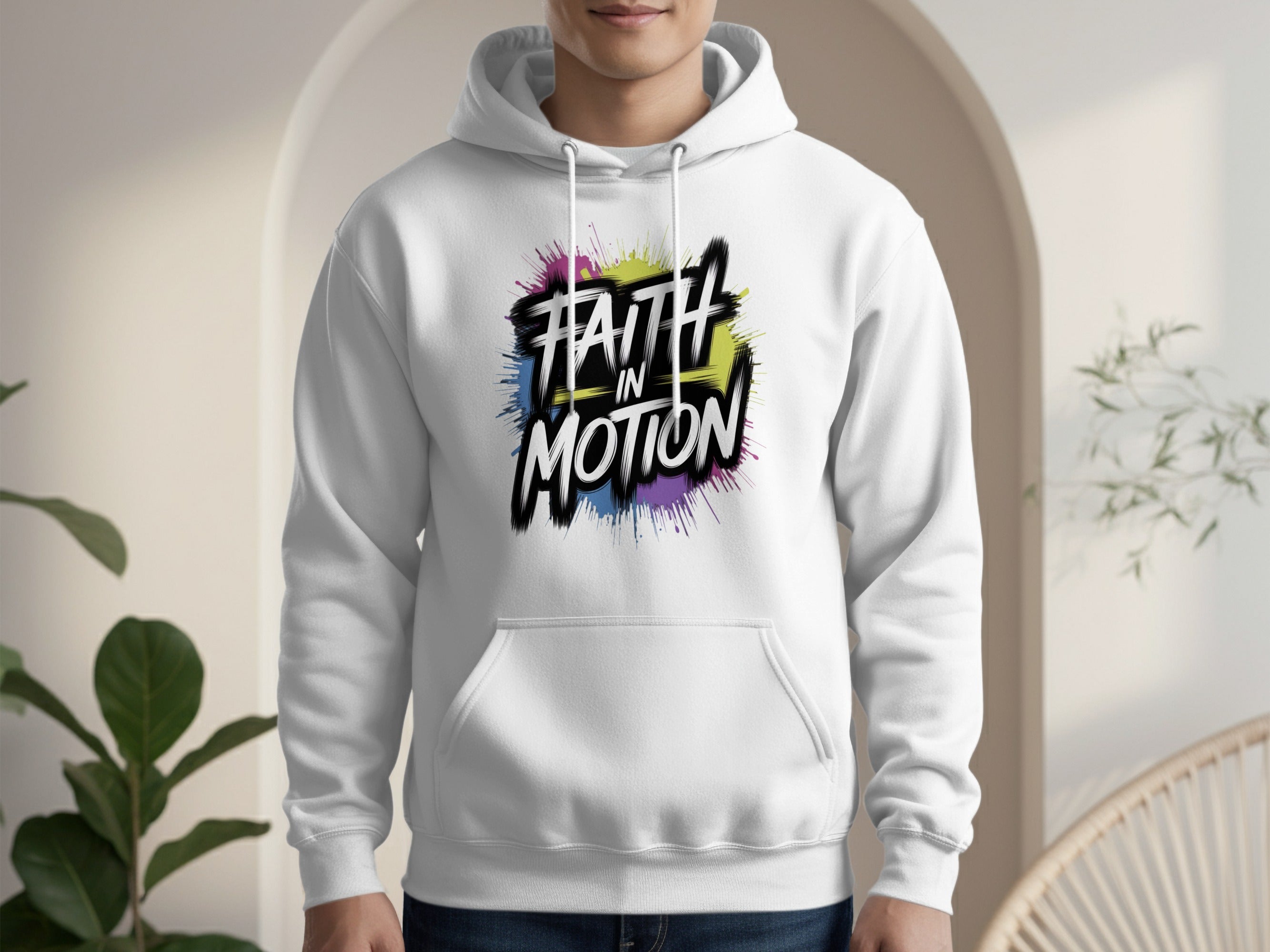 Faith in Motion Graphic Hoodie Vibrant Typography Design