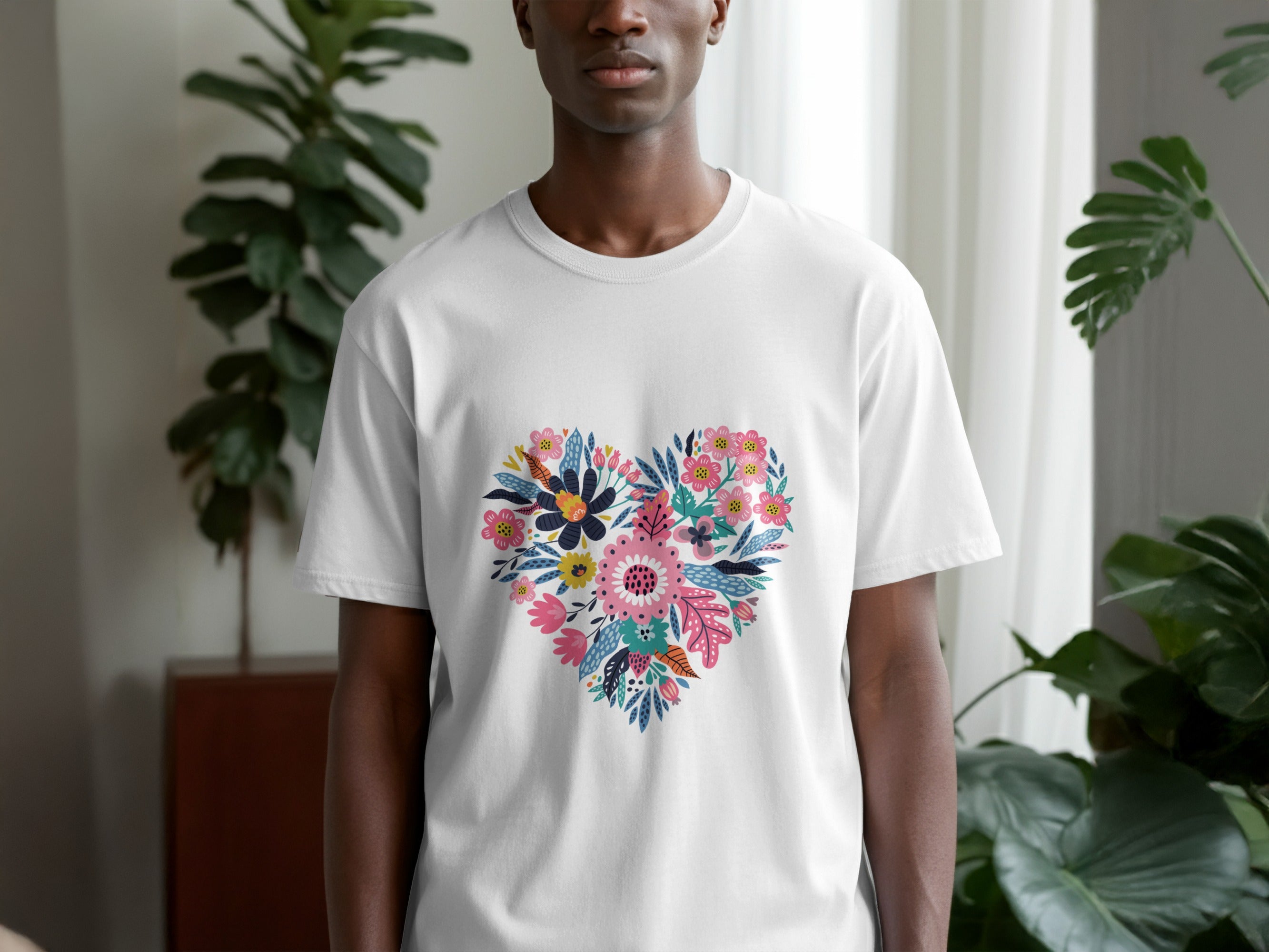 Floral Heart Design Graphic T-Shirt for Everyday Wear
