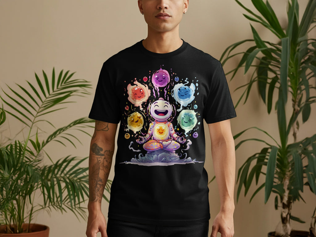 Happy Meditating Character with Colorful Orbs Shirt