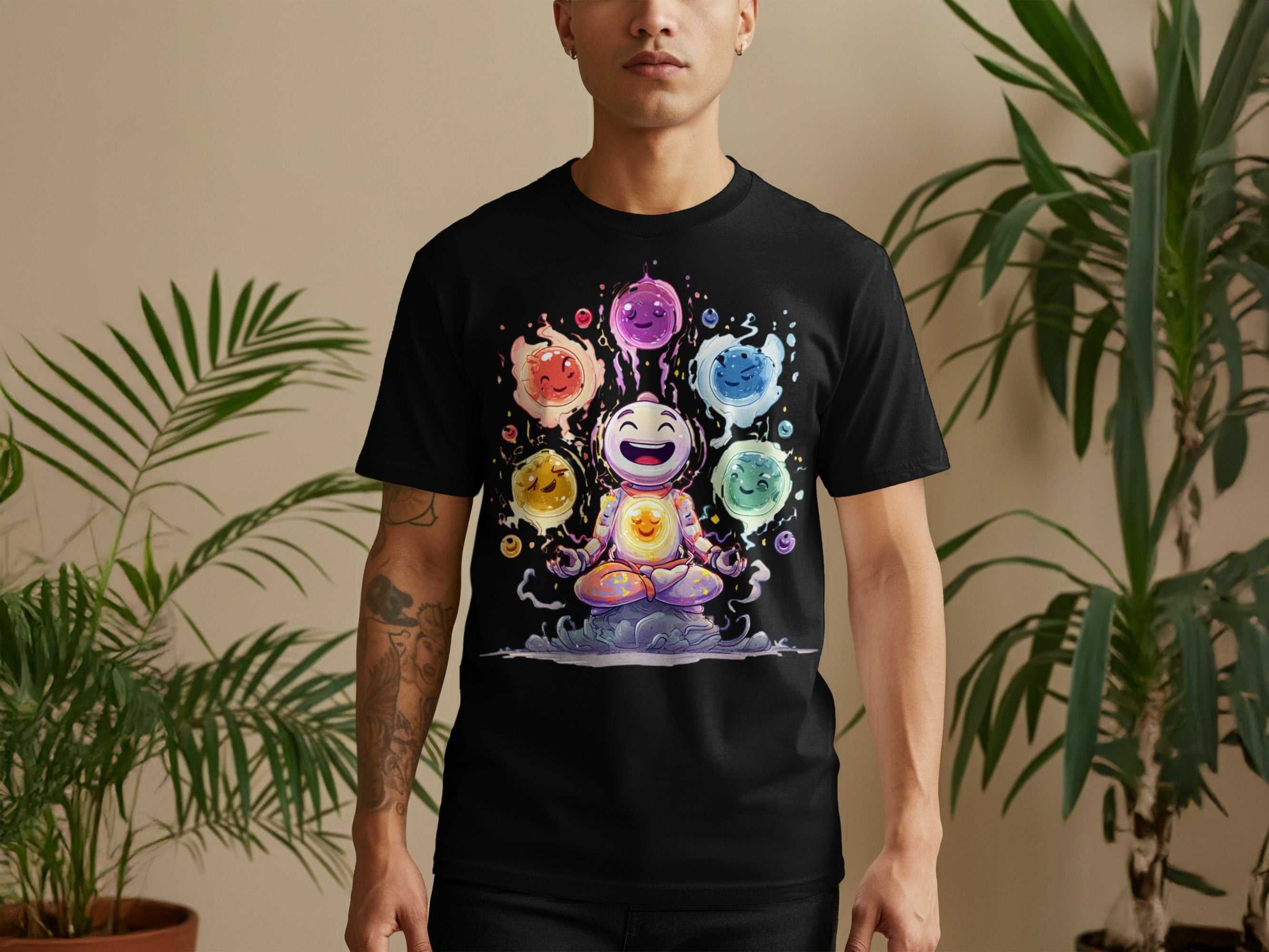Happy Meditating Character with Colorful Orbs Shirt