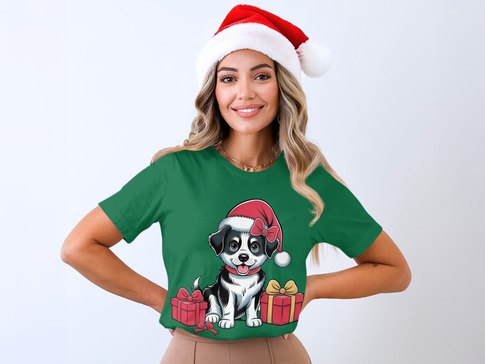 Cute Christmas Puppy in Santa Hat Green Shirt
