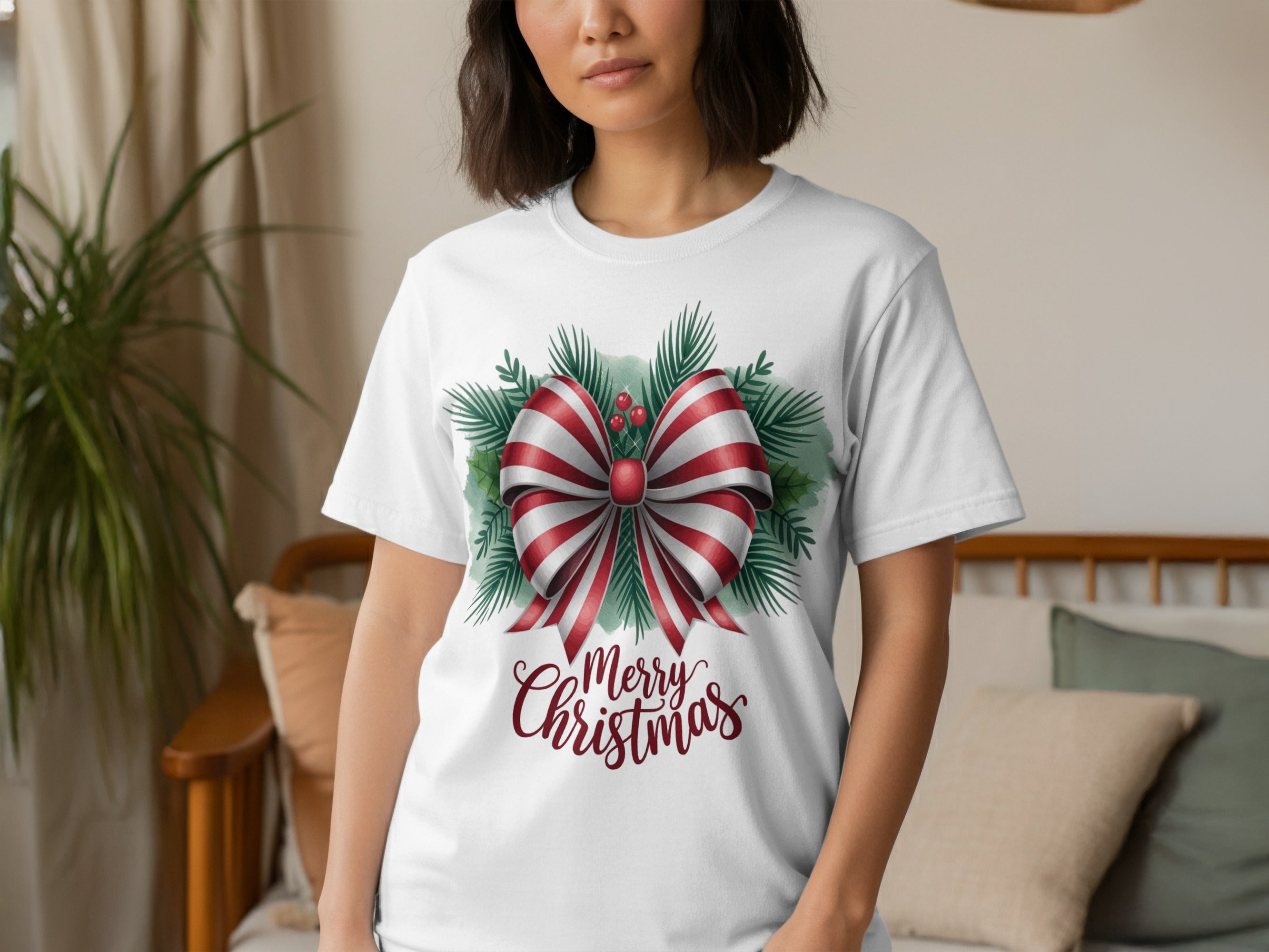 Festive Merry Christmas Bow T-shirt for Holiday Cheer