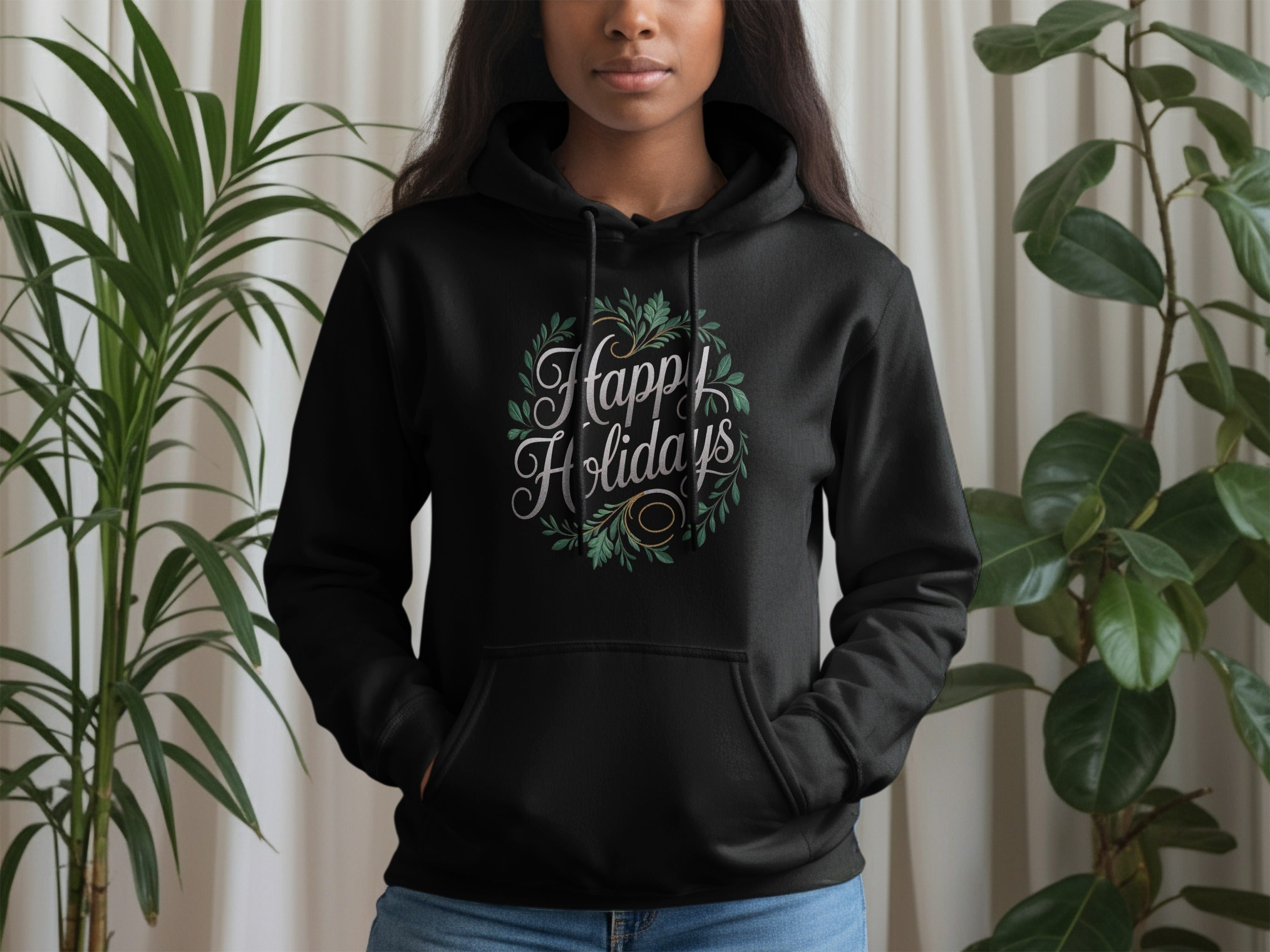 Happy Holidays Festive Black Hoodie for Cozy Winter Days