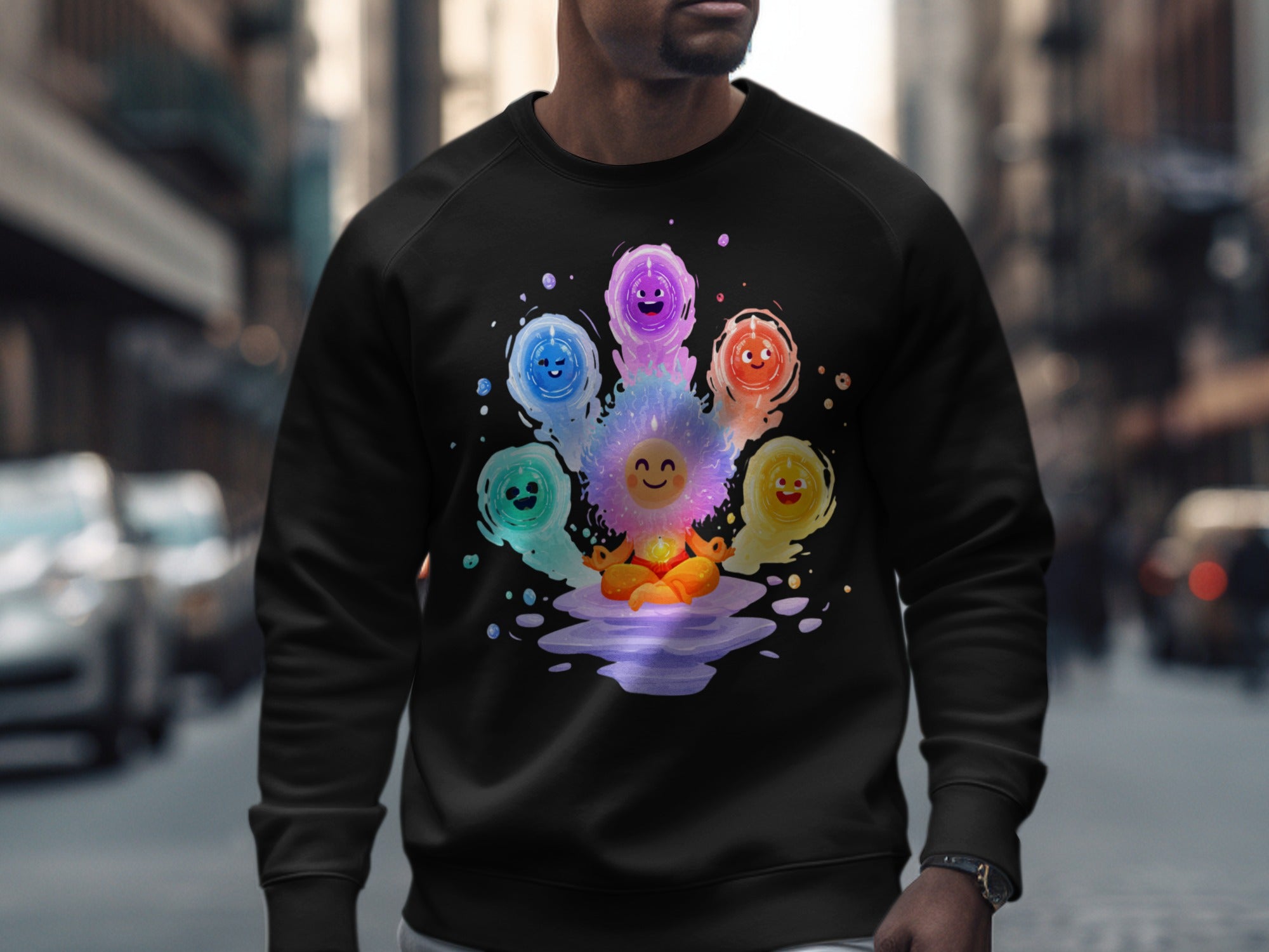 Colorful Smiley Faces Design on Black Sweatshirt