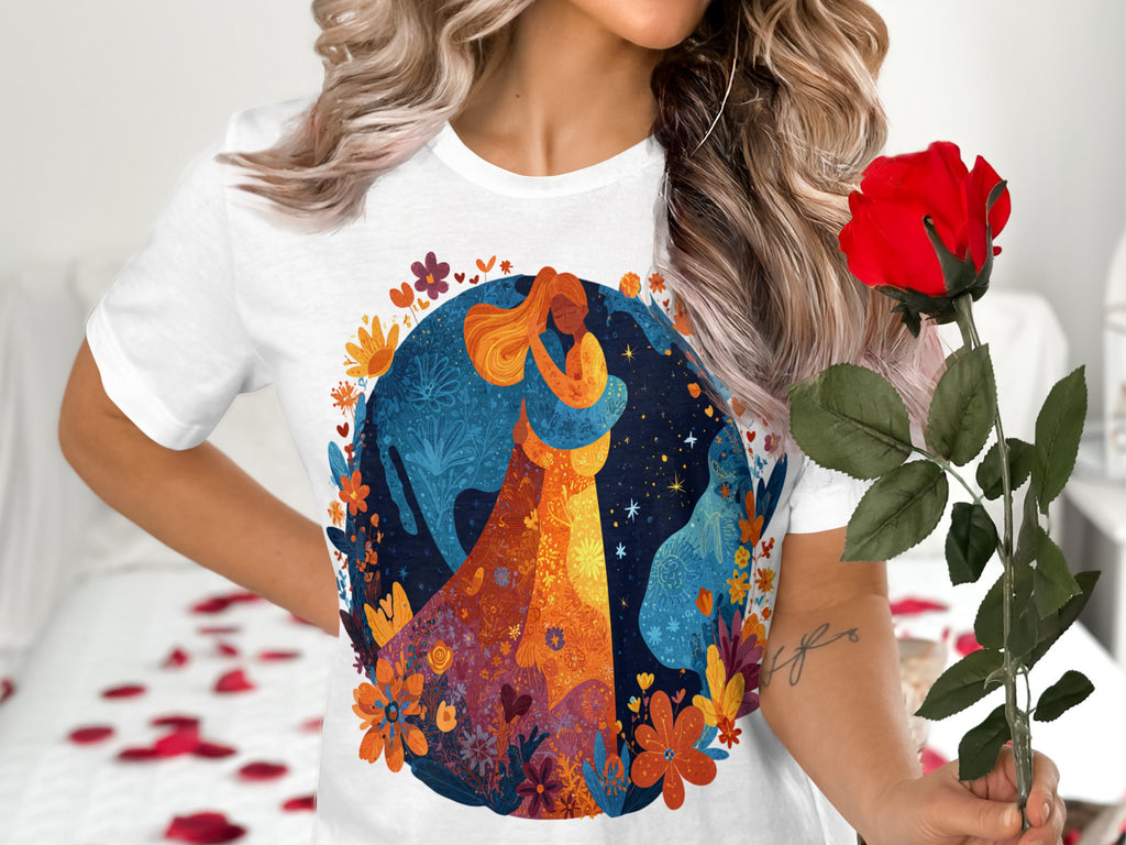 Vibrant celestial woman's illustrated graphic tee