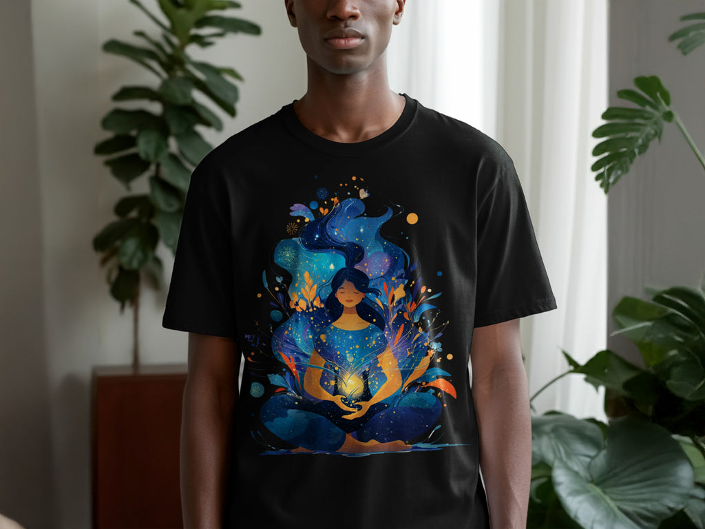 Vibrant Meditative Woman Design on Black T-shirt