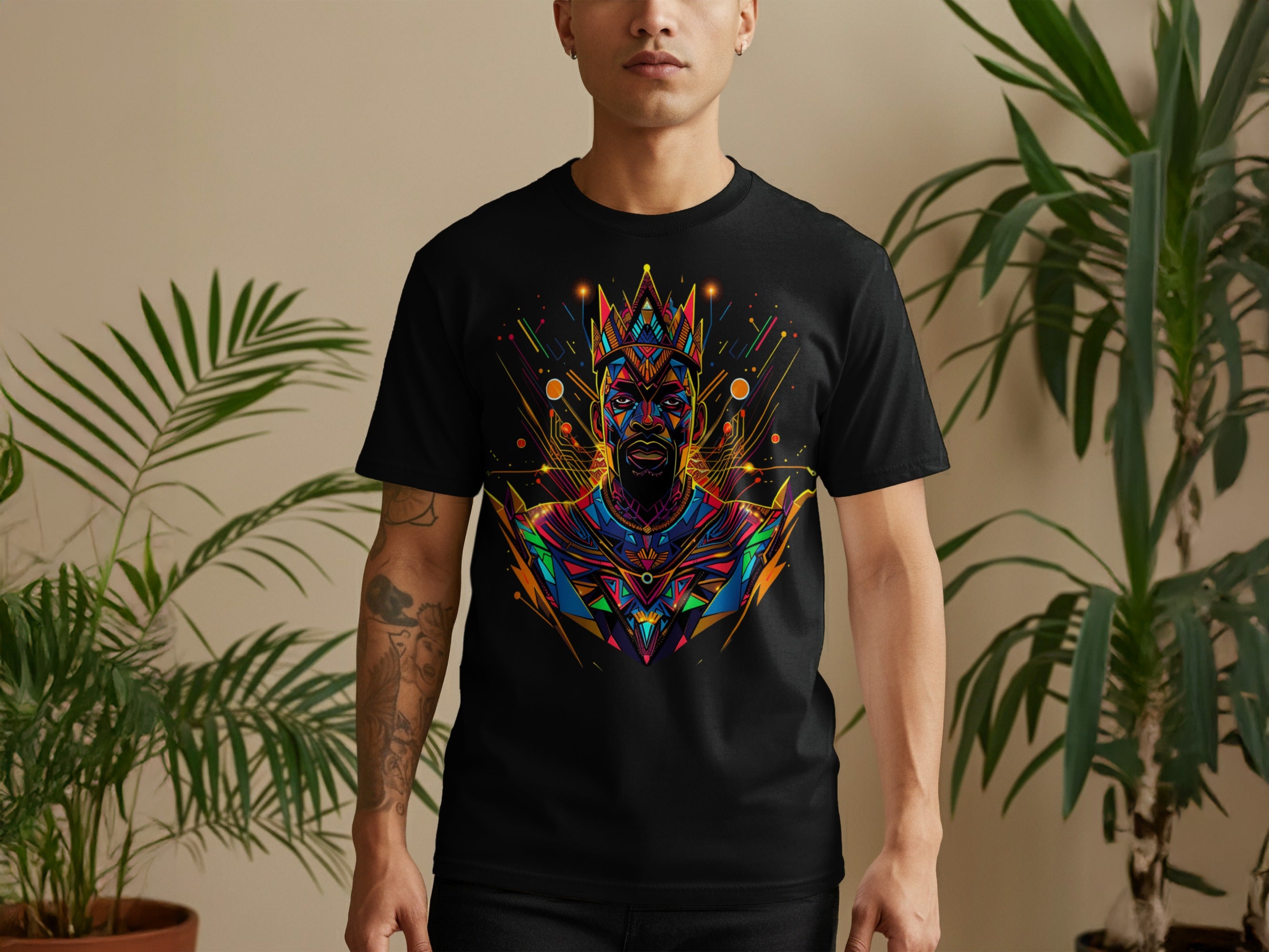 Vibrant geometric king design futuristic t-shirt product