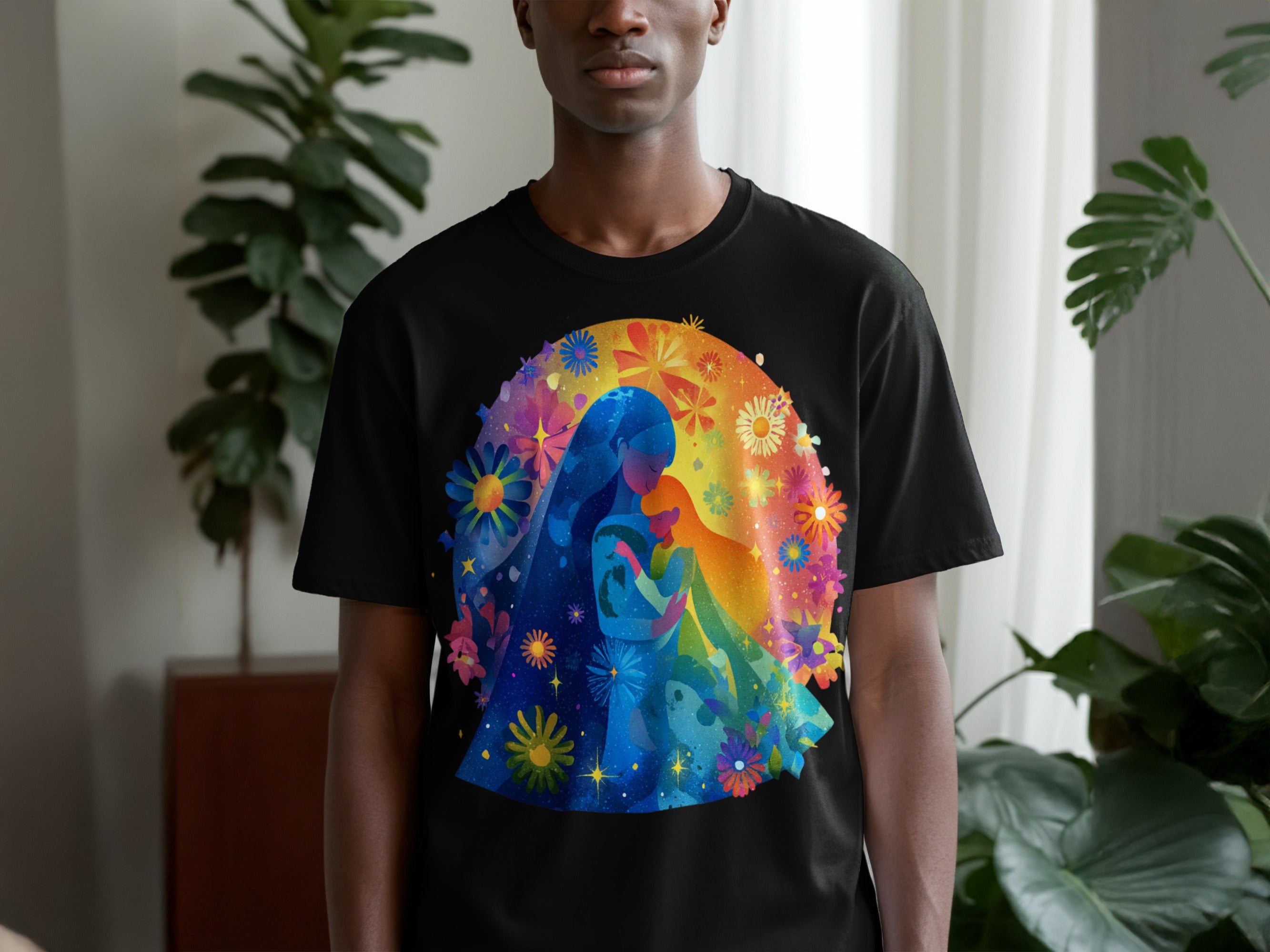 Colorful Mother and Child Floral Artwork T-shirt