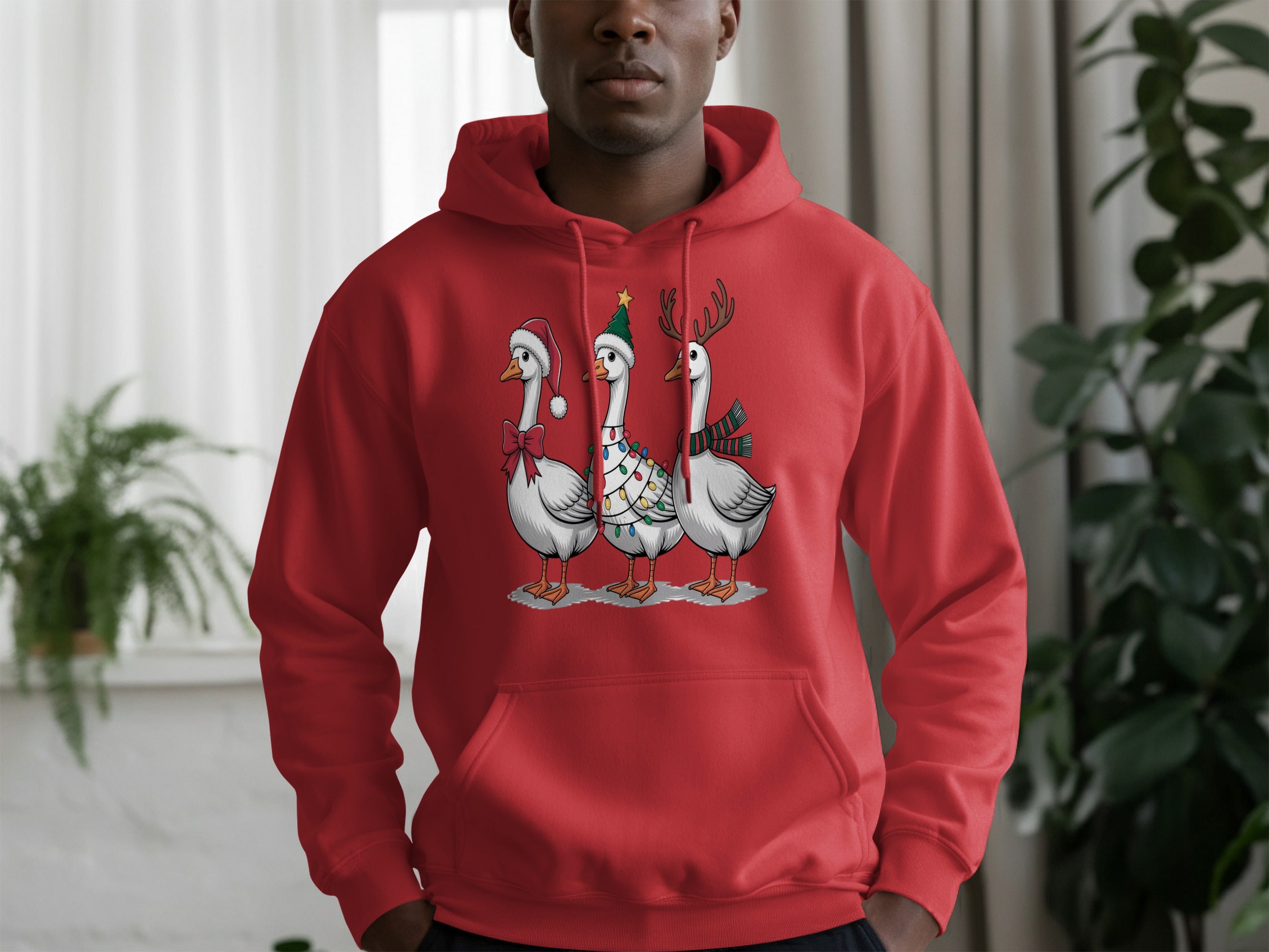 Funny Festive Geese Printed Red Hoodie for Holidays