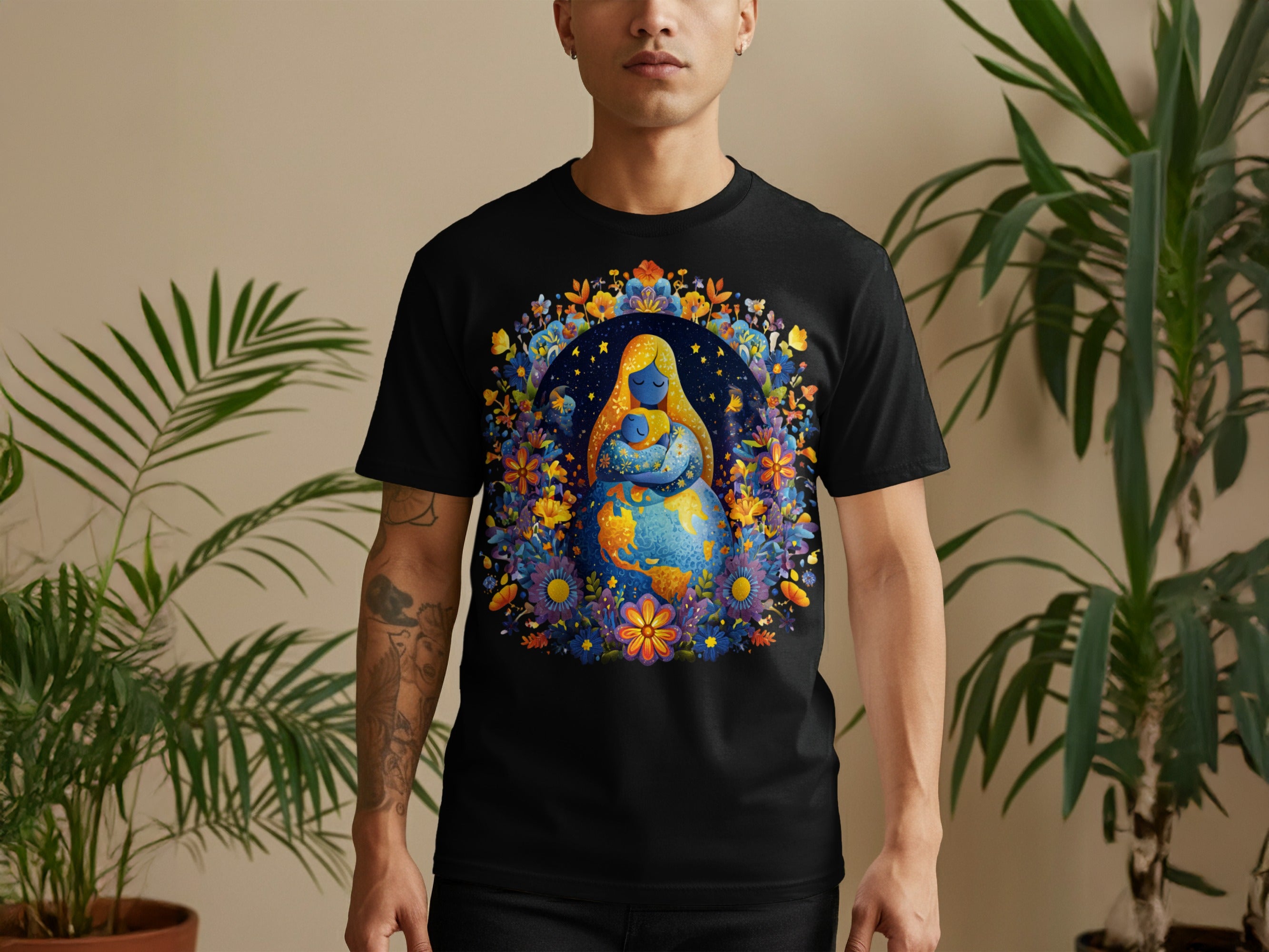 Vibrant Artistic Nature Themed Graphic Black T-shirt