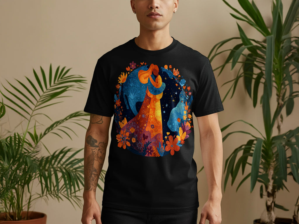 Vibrant Celestial Design with Florals Graphic Tee