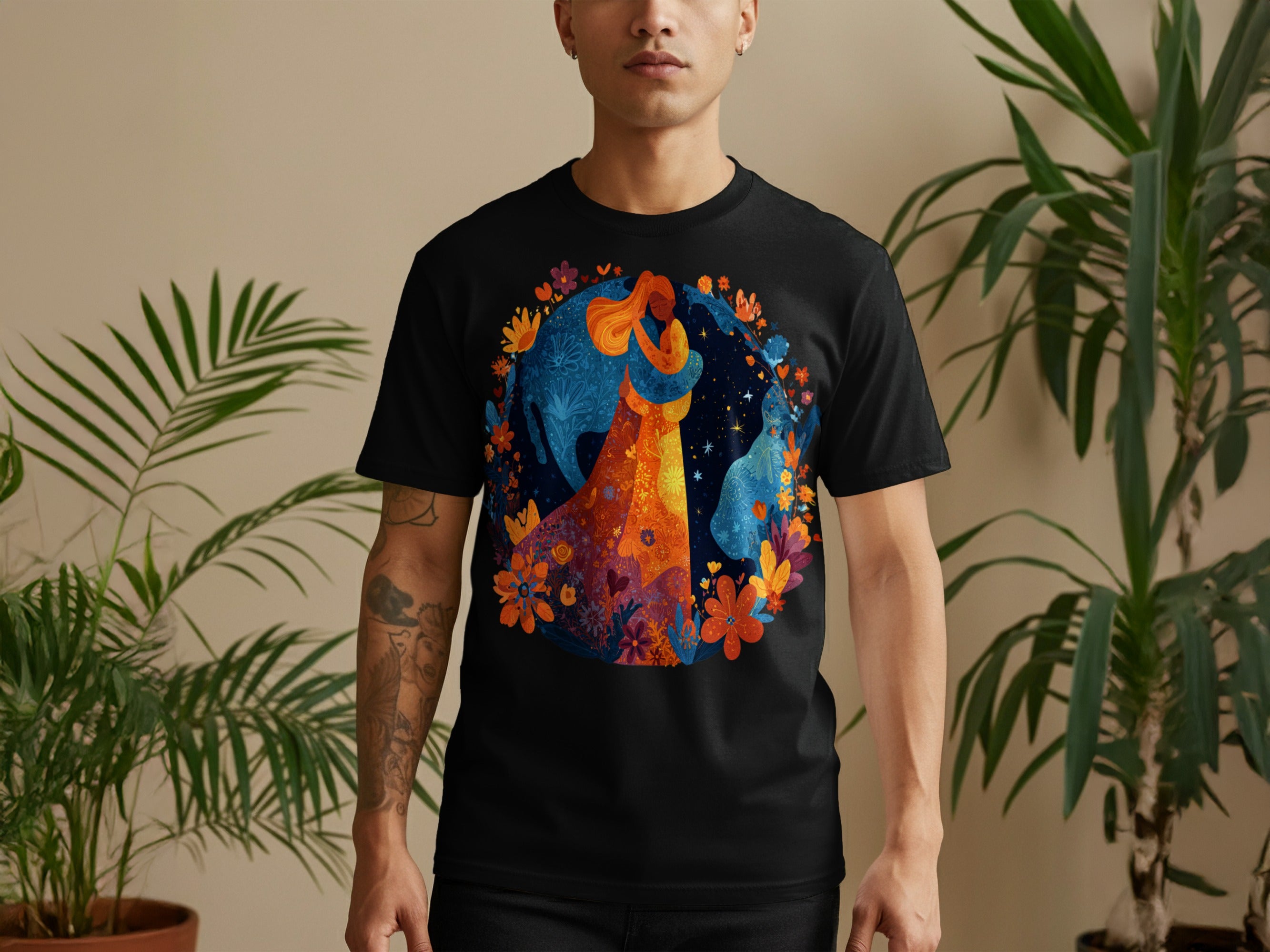 Vibrant Celestial Design with Florals Graphic Tee