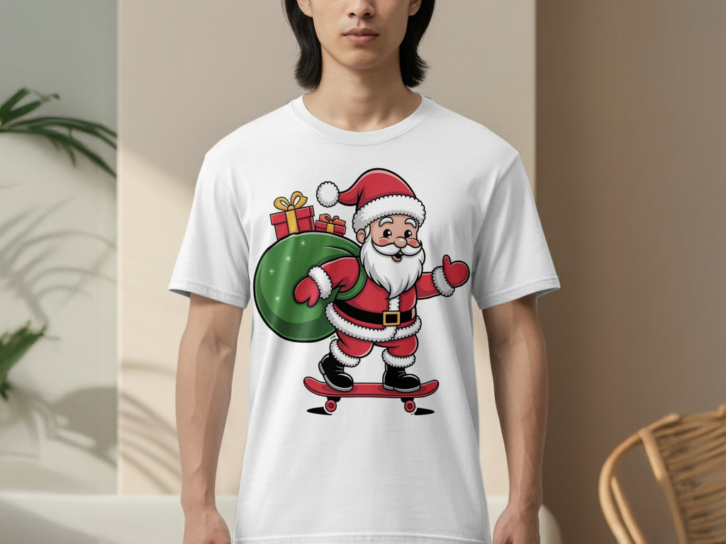 Santa Skateboarding with Presents Christmas T-Shirt