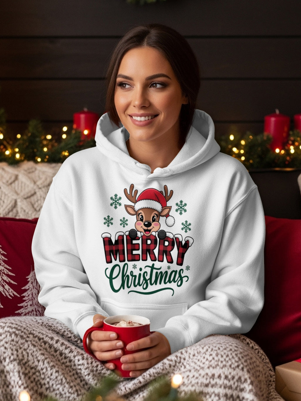 Merry Christmas Hoodie with Reindeer Santa Design