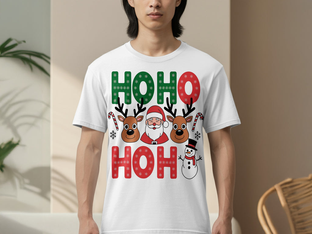 Festive Ho Ho Ho Santa and Reindeer Design T-shirt