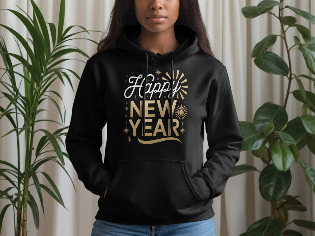 Happy New Year Black Hoodie with Festive Design