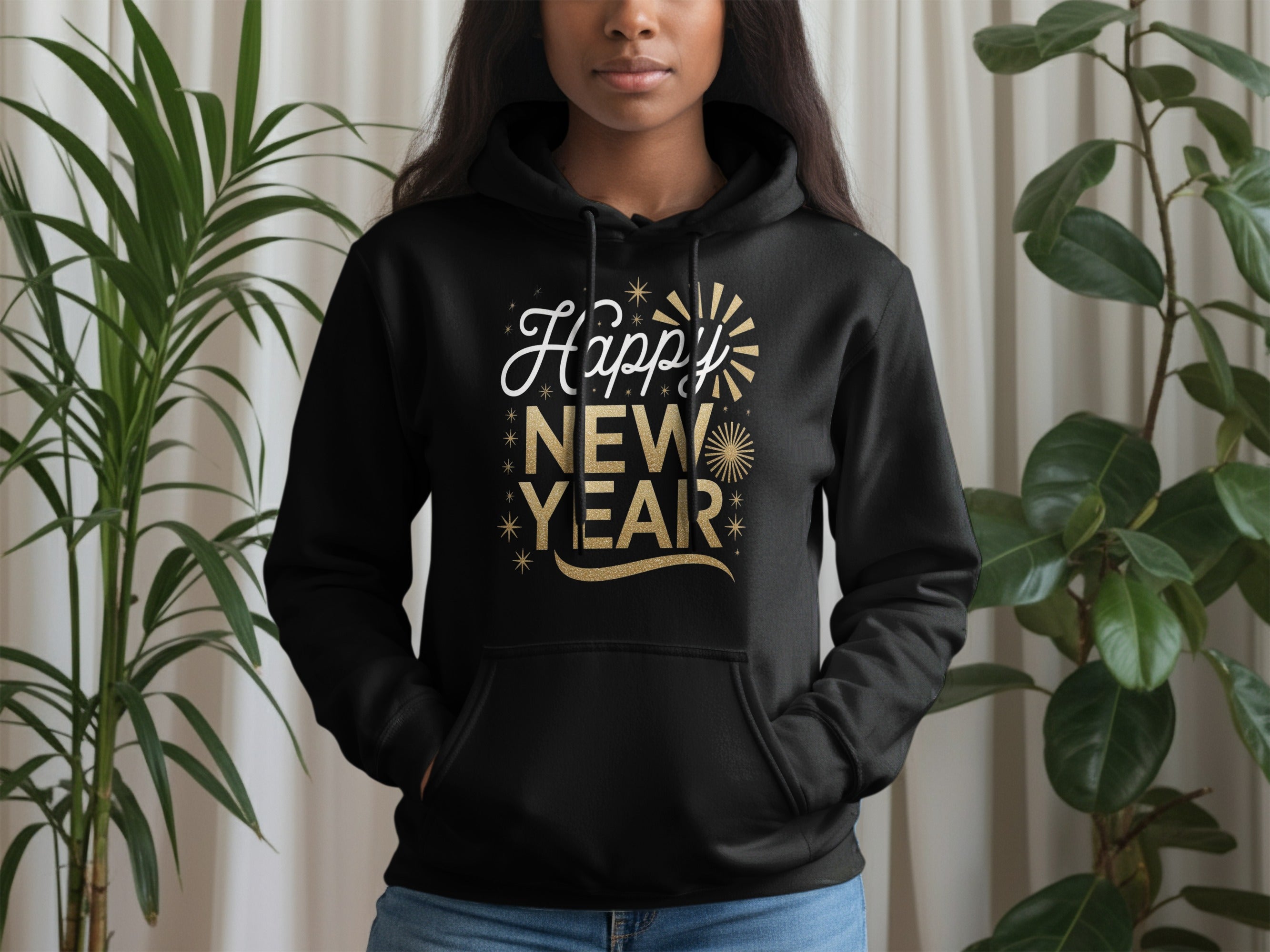 Happy New Year Black Hoodie with Festive Design