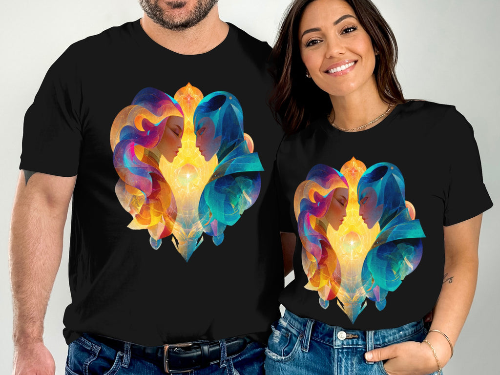 Matching Couple T-Shirts with Artistic Twin Faces Design