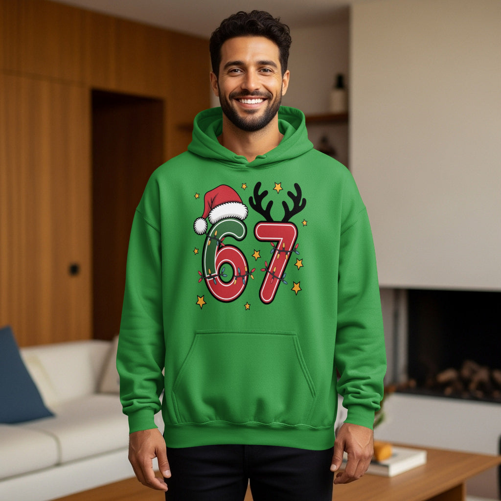 Festive green hoodie with santa hat and reindeer antlers