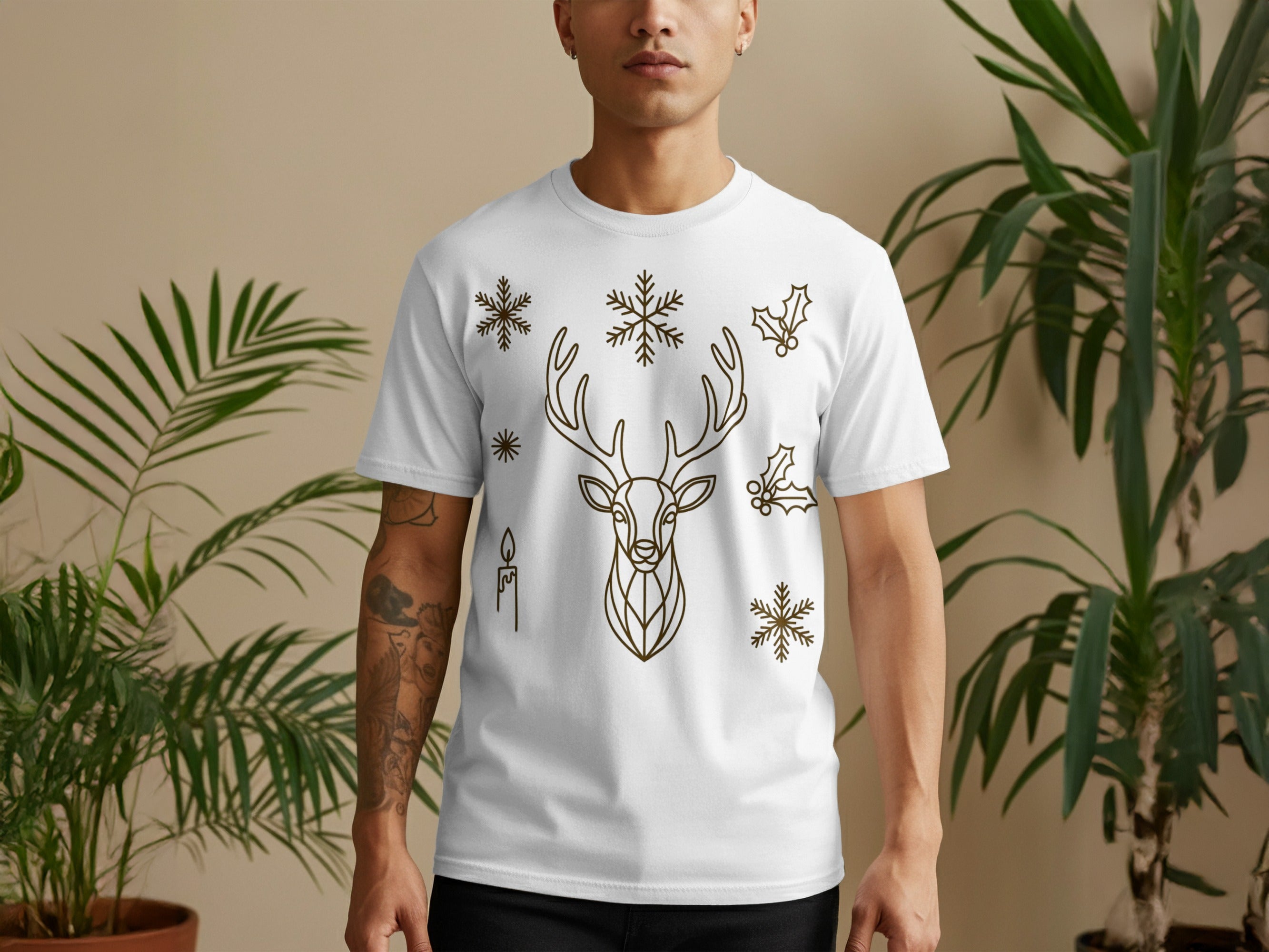 Geometric Deer Snowflakes Holiday Design on White Shirt