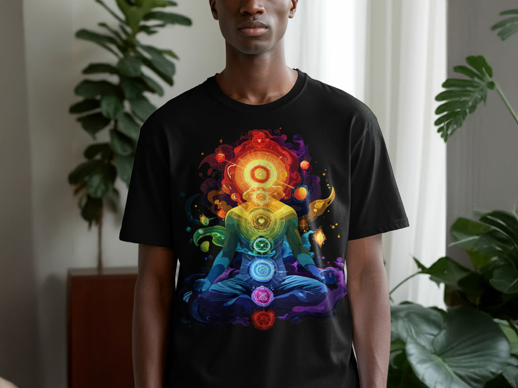 Vibrant Chakra Meditation Design on Black T-Shirt