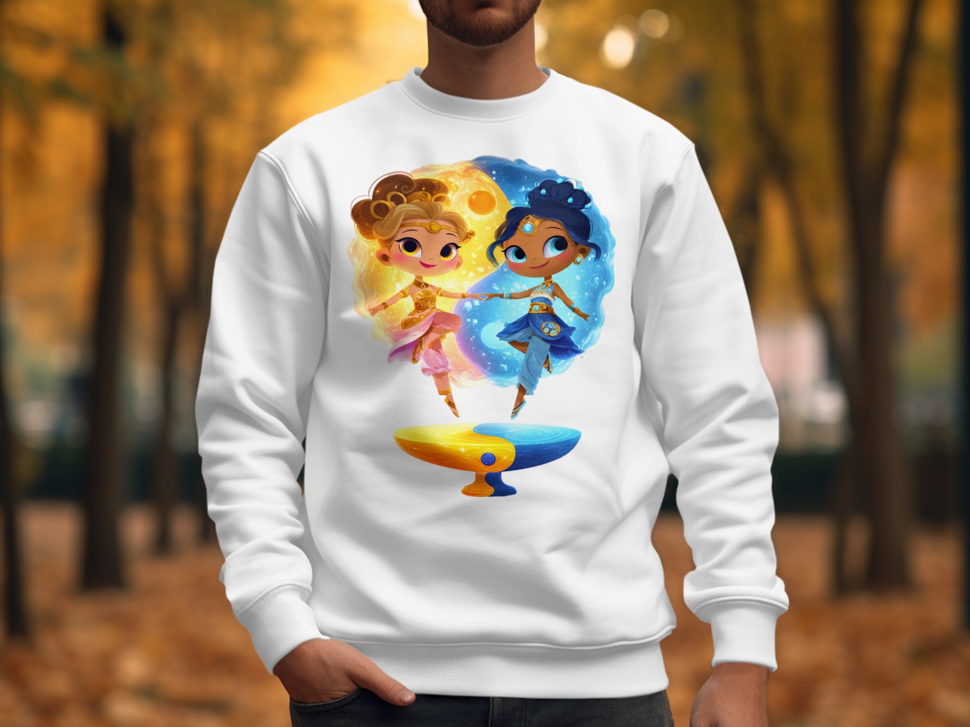 Vibrant Character Art on Stylish White Sweatshirt