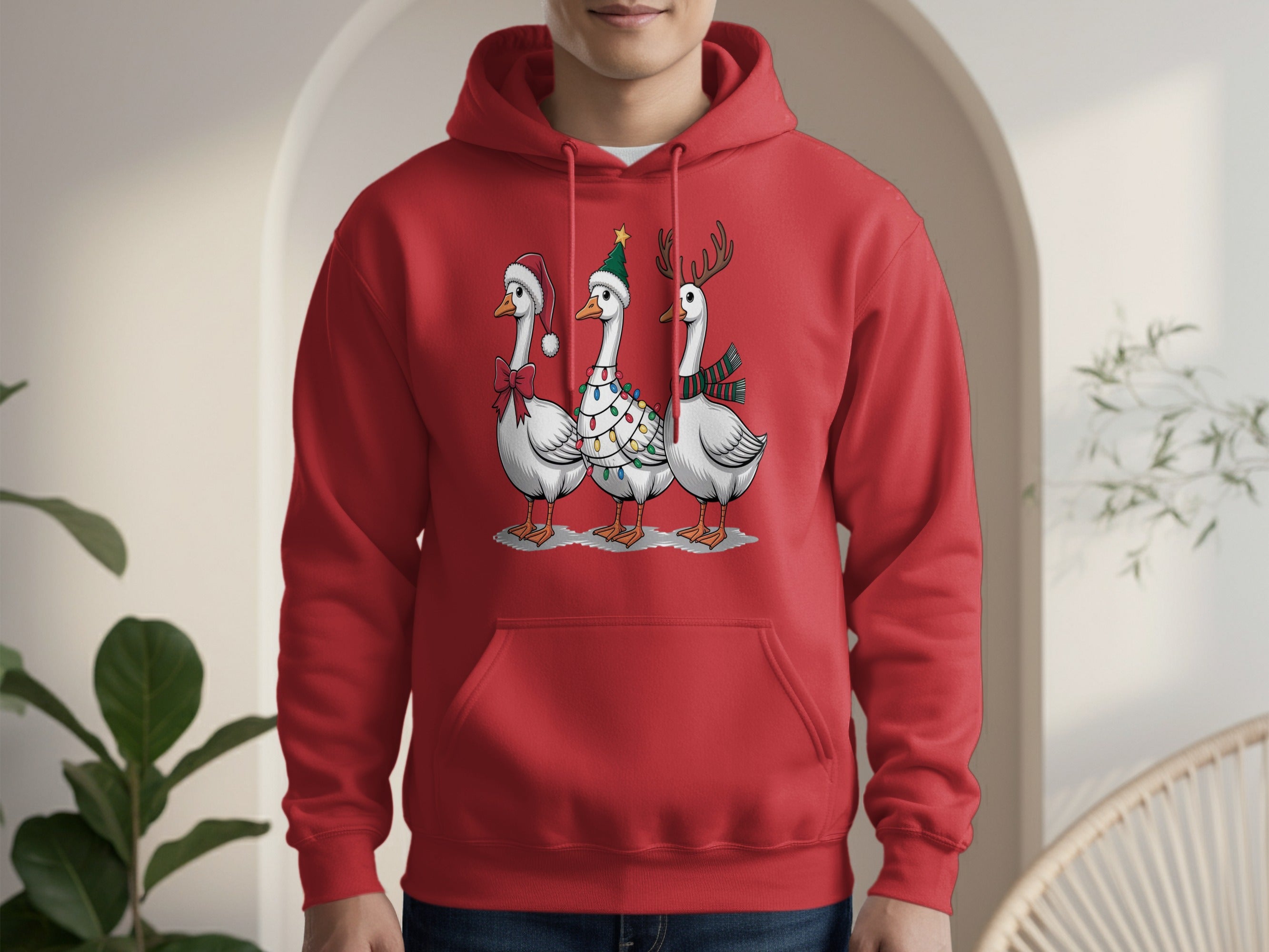 Festive Geese with Holiday Hats and Scarves Hoodie