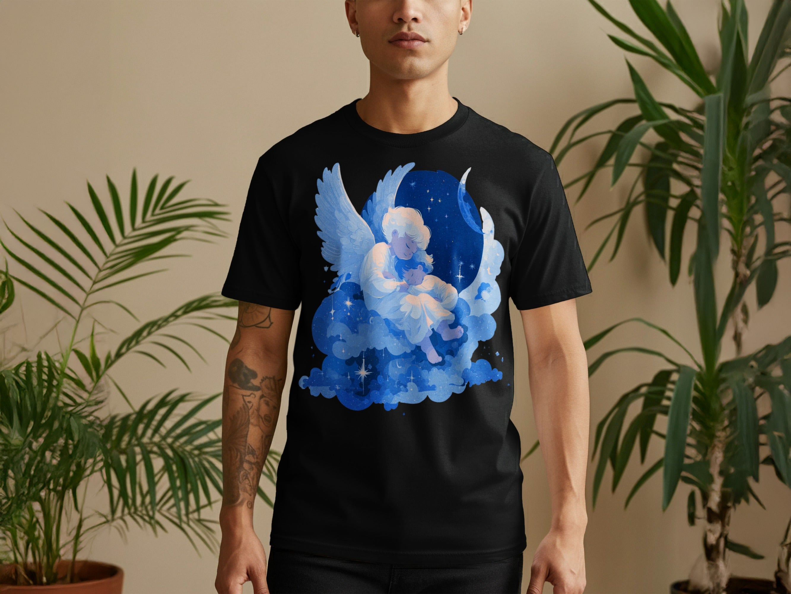 Angel Sitting on Cloud and Moon Black T-shirt