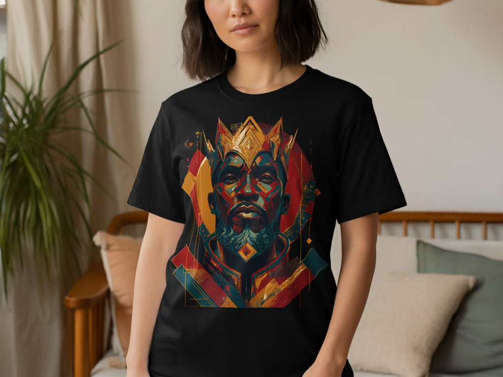 Abstract King Portrait Design on Black T-Shirt