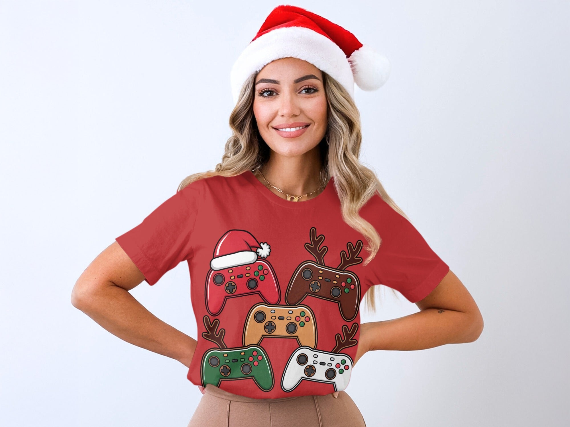 Red Tee with Festive Holiday Game Controllers