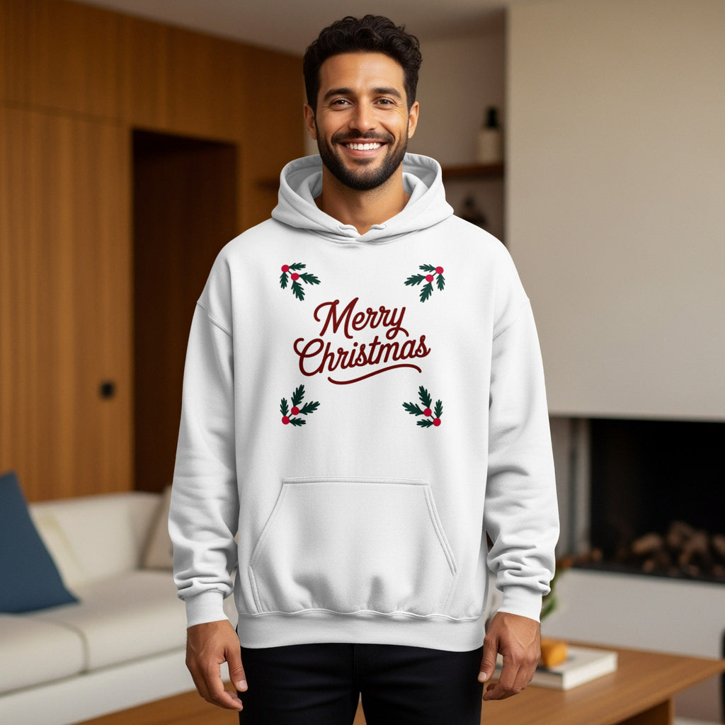 Merry Christmas White Hoodie with Holly Design