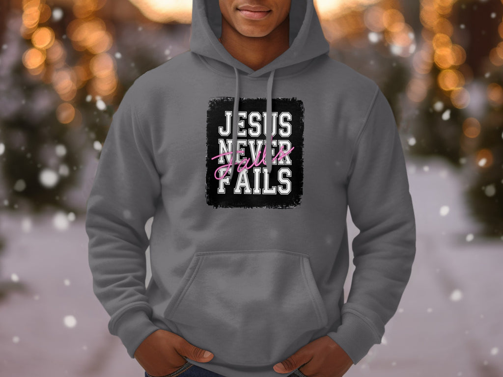 Jesus Never Fails Hoodie with Winter Background