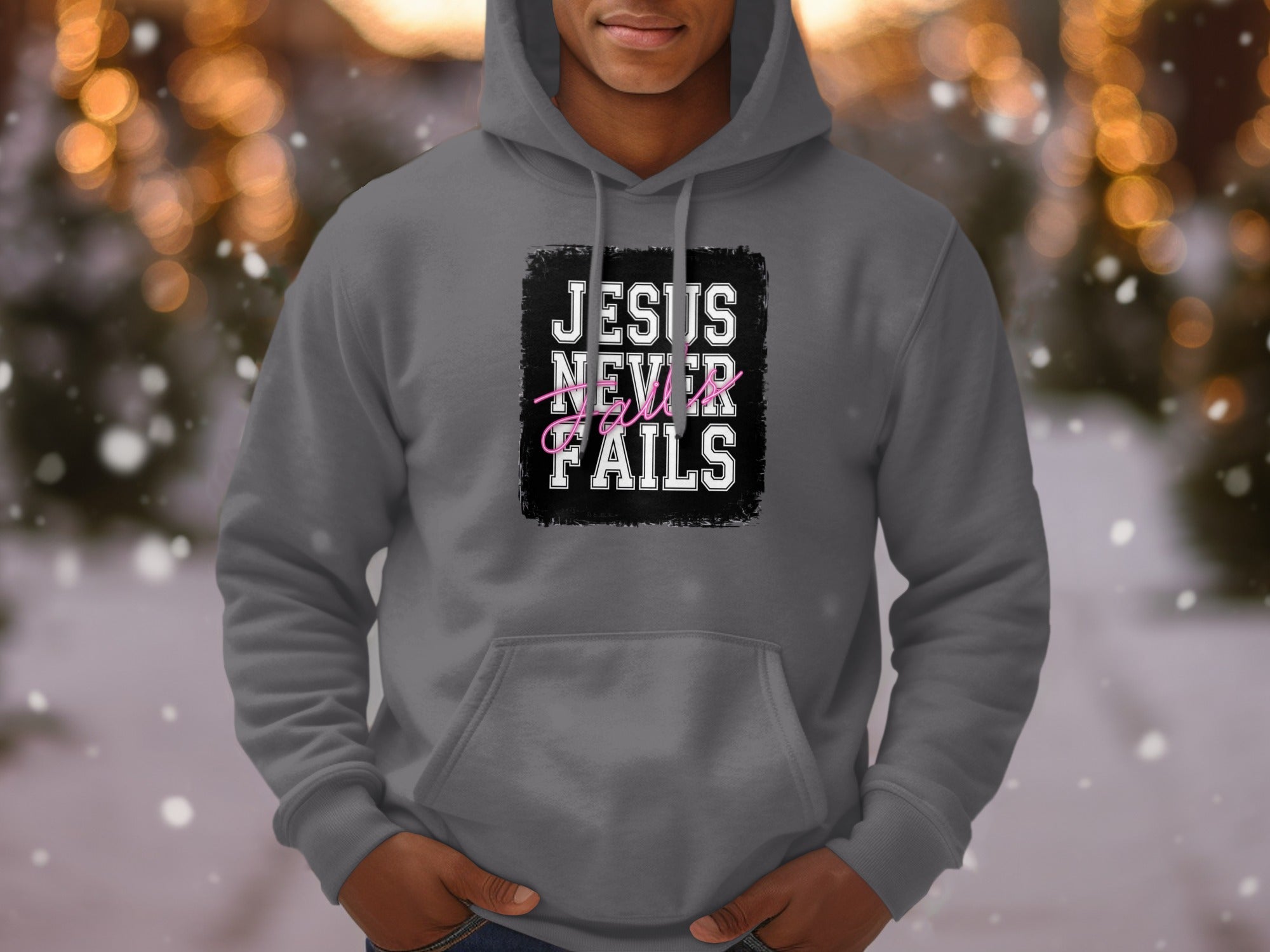 Jesus Never Fails Hoodie with Winter Background