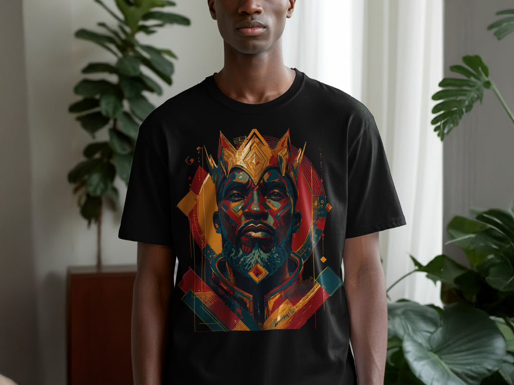 Vibrant Artwork Depicting King on Black T-Shirt