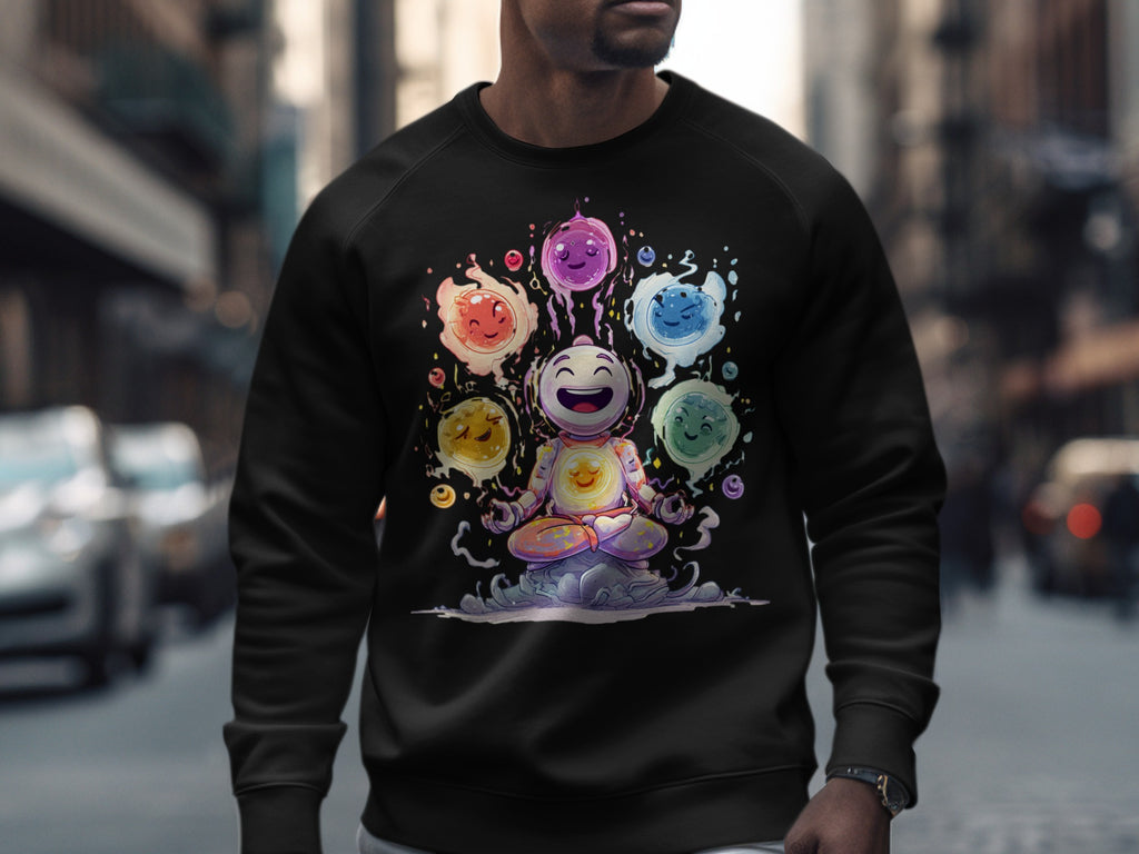 Joyful Cartoon Yogi with Colorful Orbs Sweatshirt