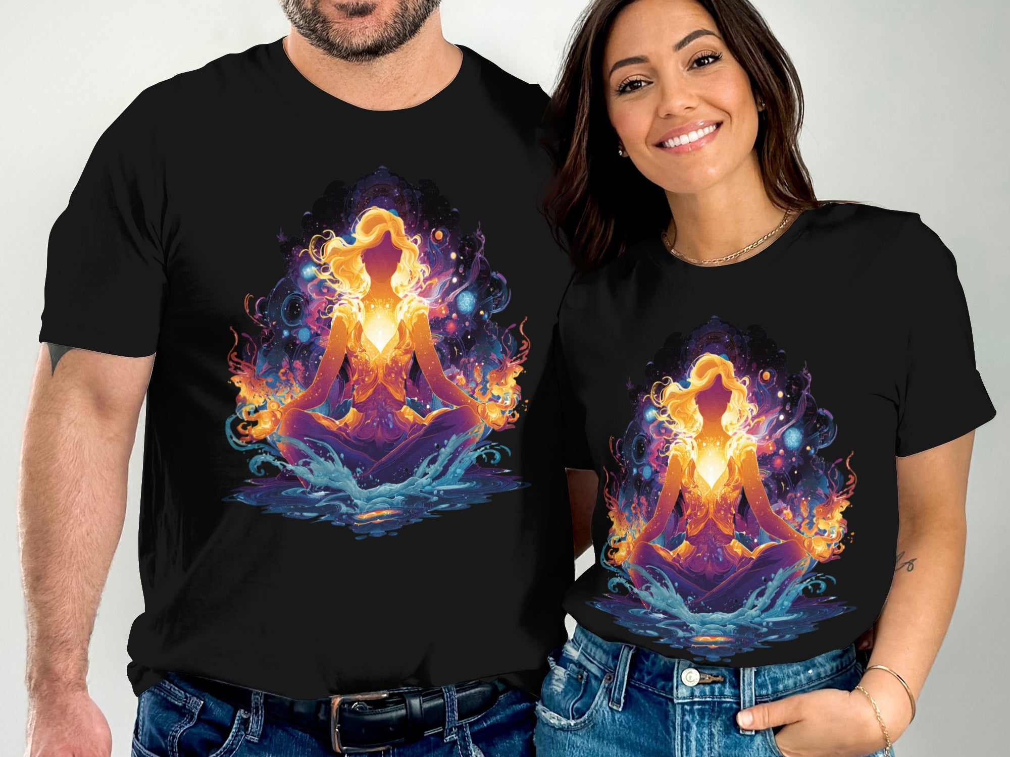 Vibrant Meditative Design Couple Matching T-Shirt Set
