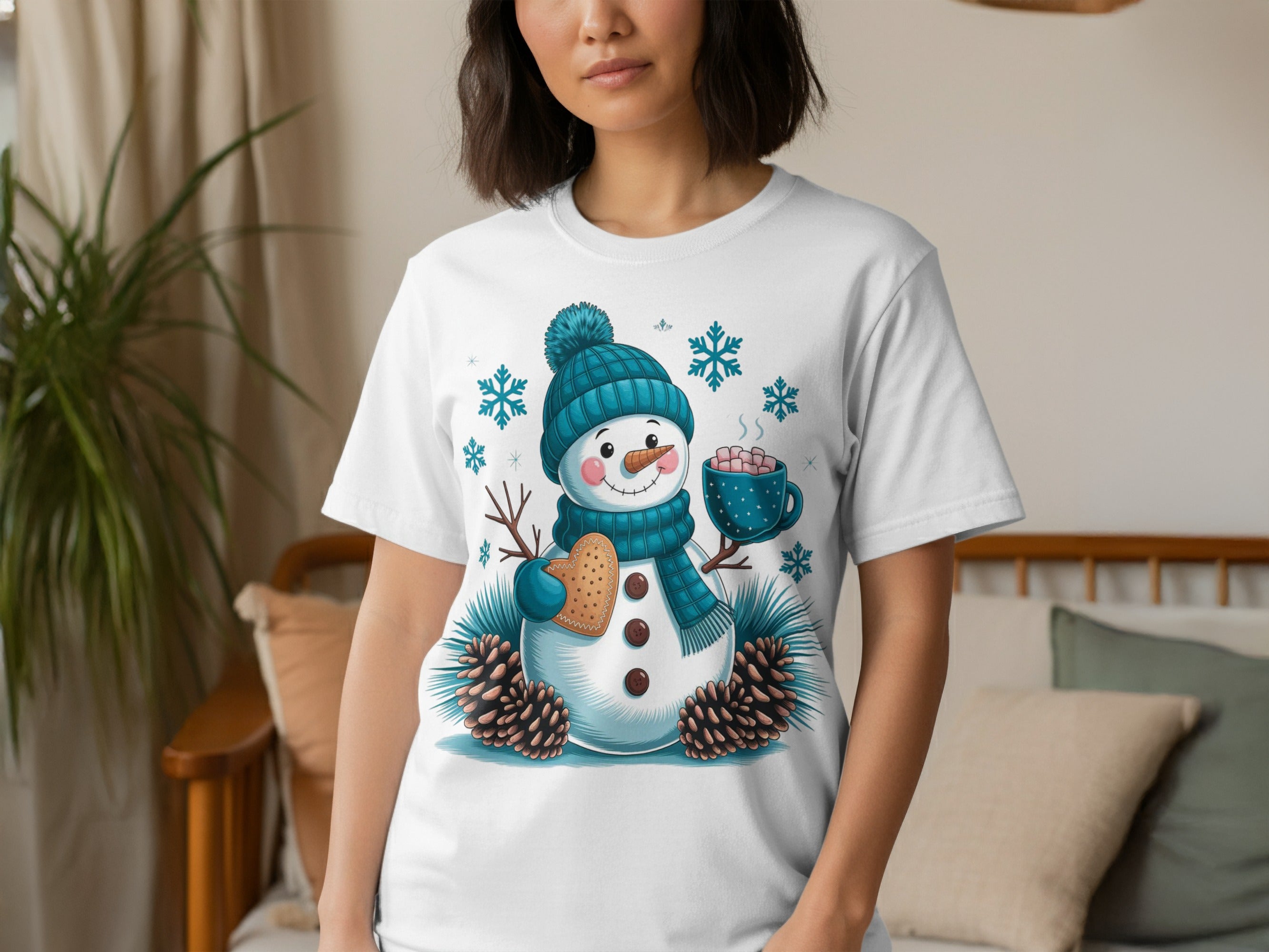 Snowman T-shirt with Pinecones and Hot Chocolate Design