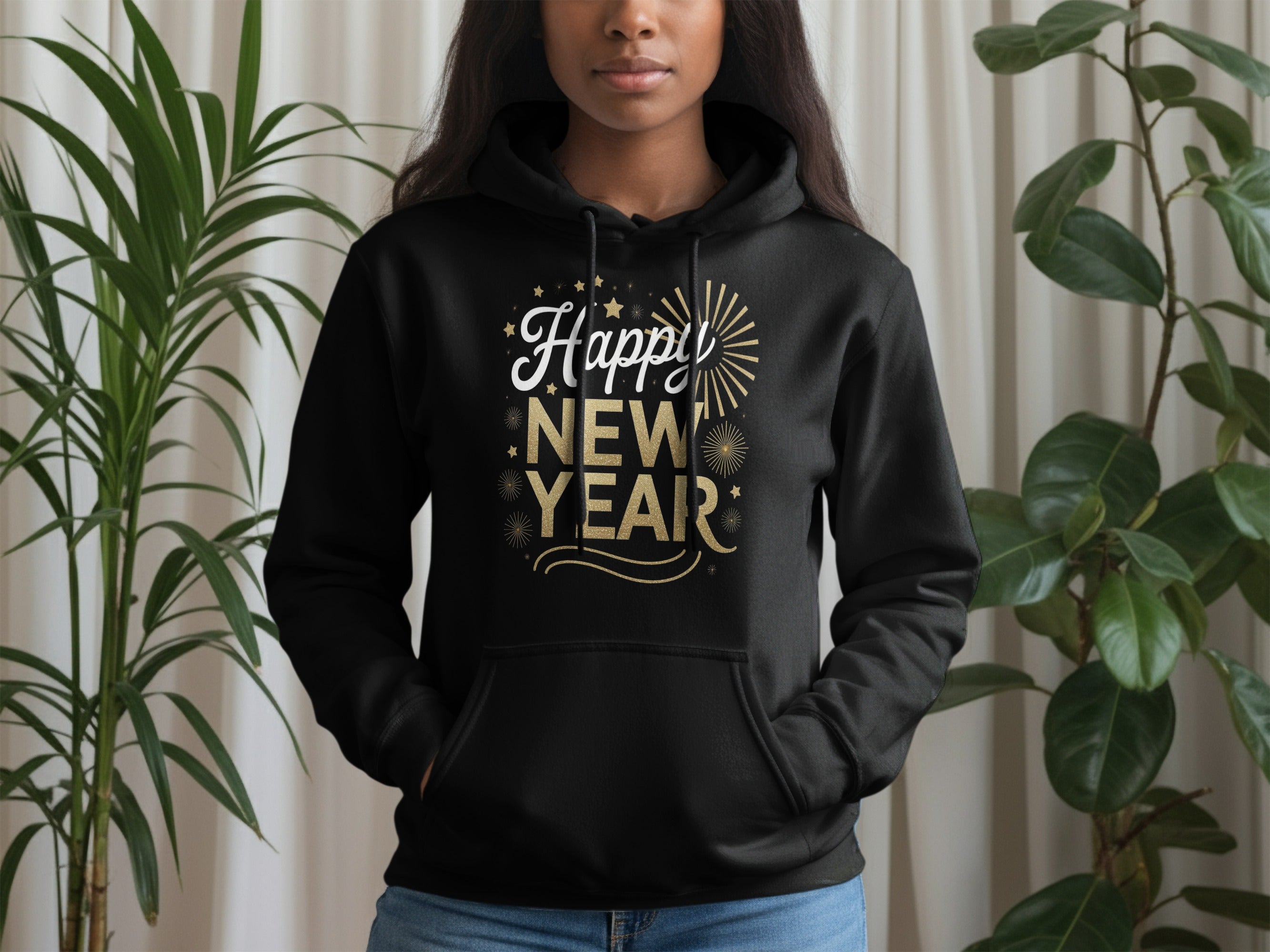 Happy New Year Black Hoodie with Festive Graphics