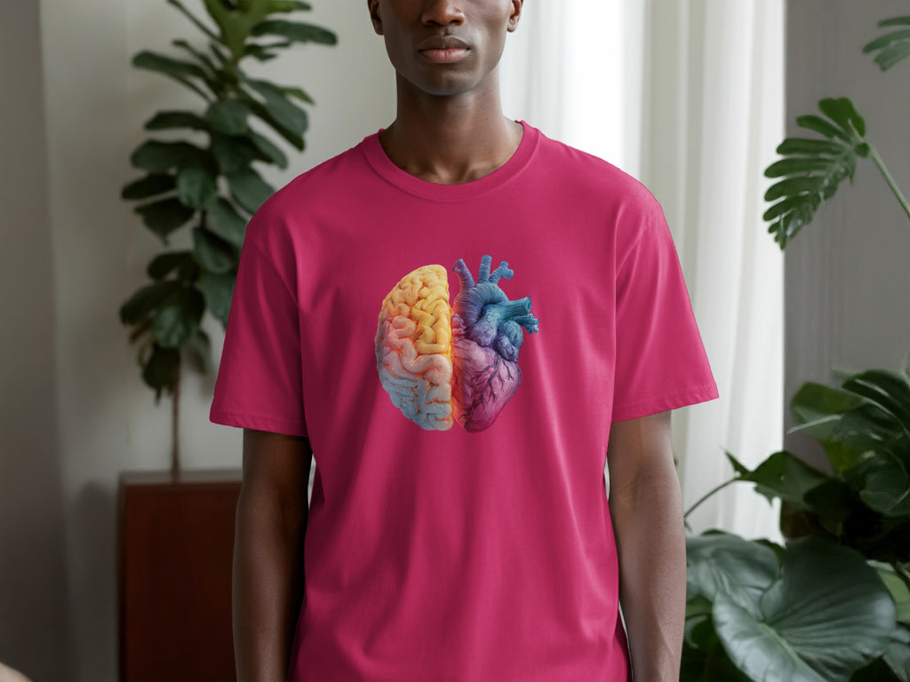 Vibrant Brain Heart Design On Pink T-shirt