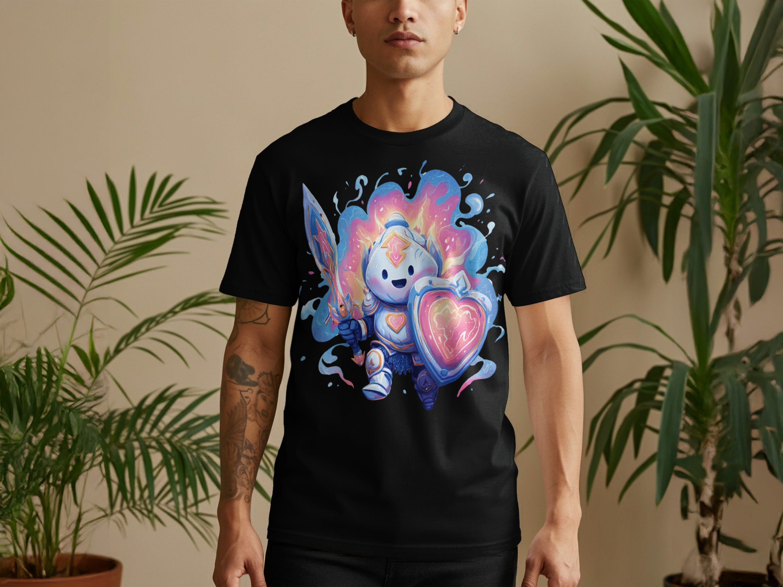 Colorful Cartoon Knight with Heart Shield T-Shirt