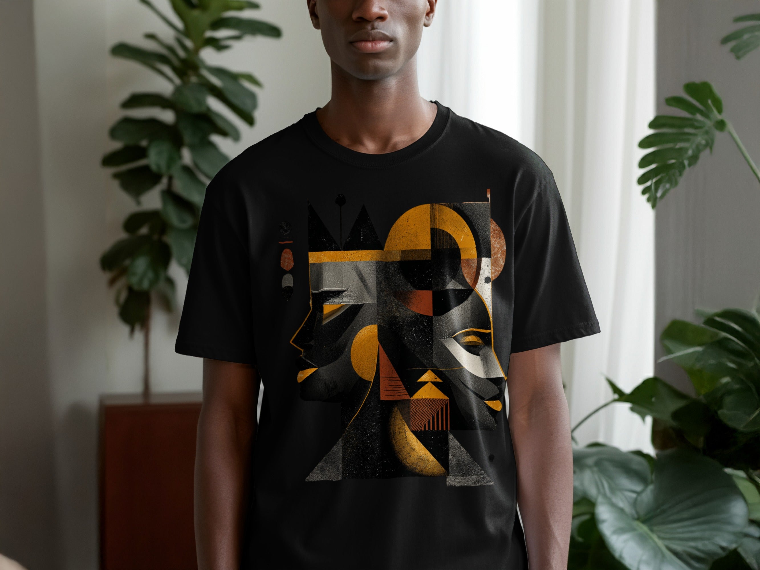 Abstract Geometric Faces Graphic Black T-shirt
