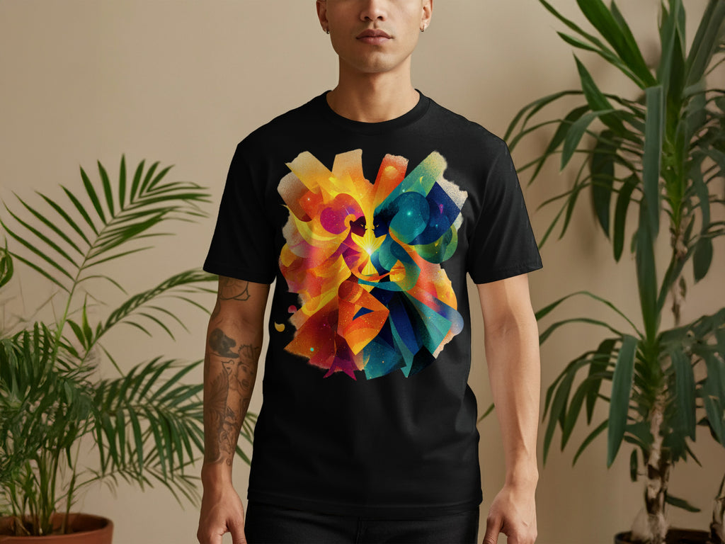 Colorful abstract shapes on black T-shirt product
