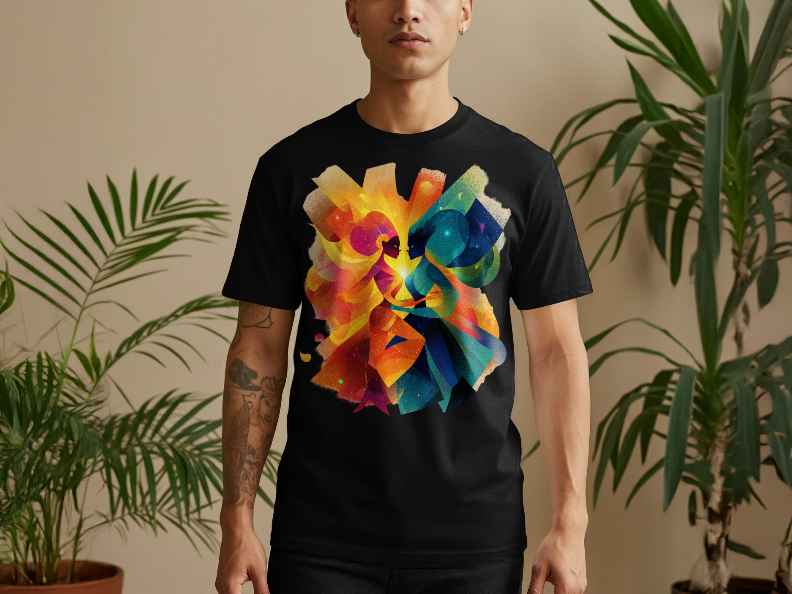 Colorful abstract shapes on black T-shirt product