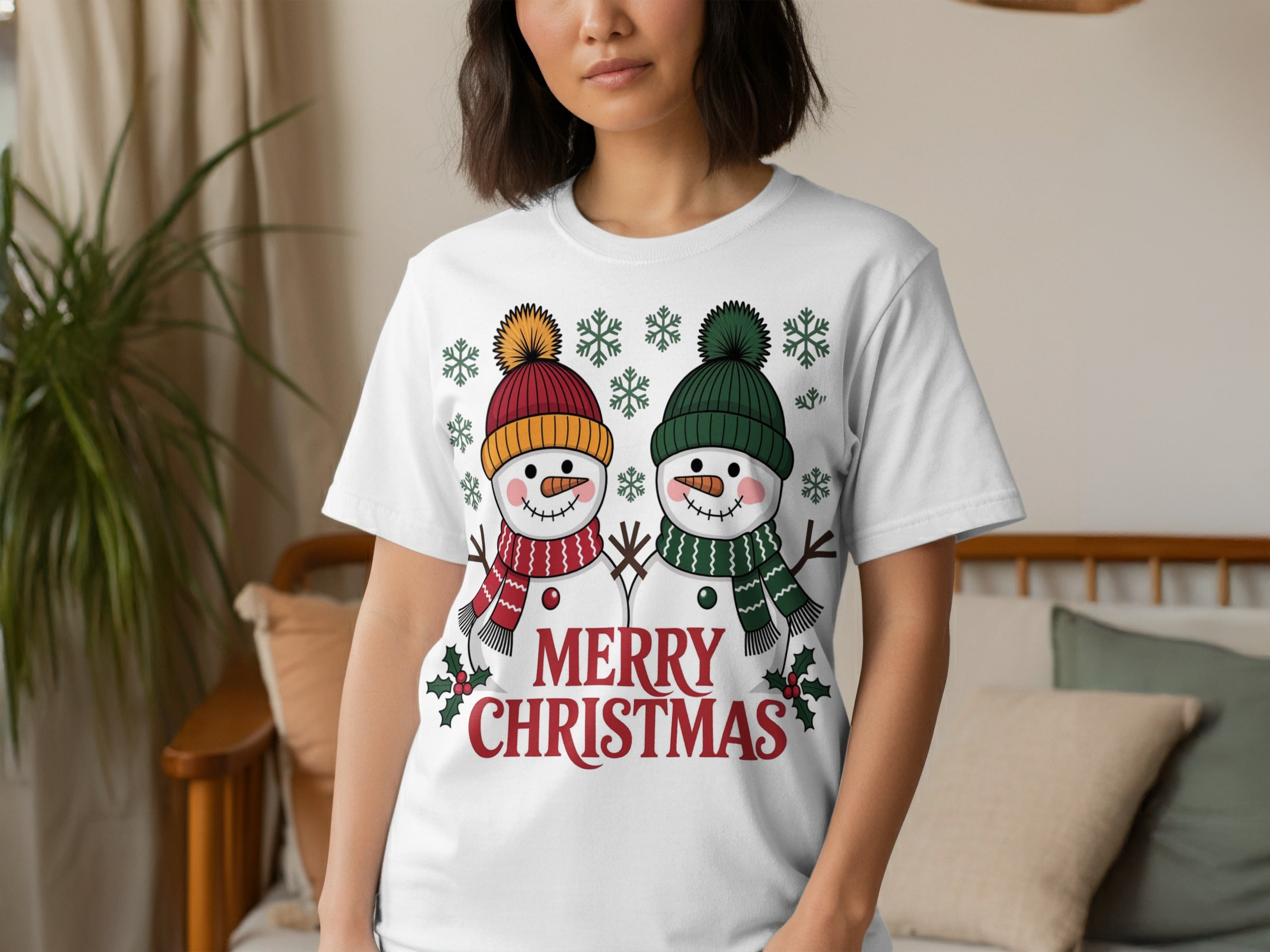 Festive Merry Christmas Snowmen Graphic Tee Shirt