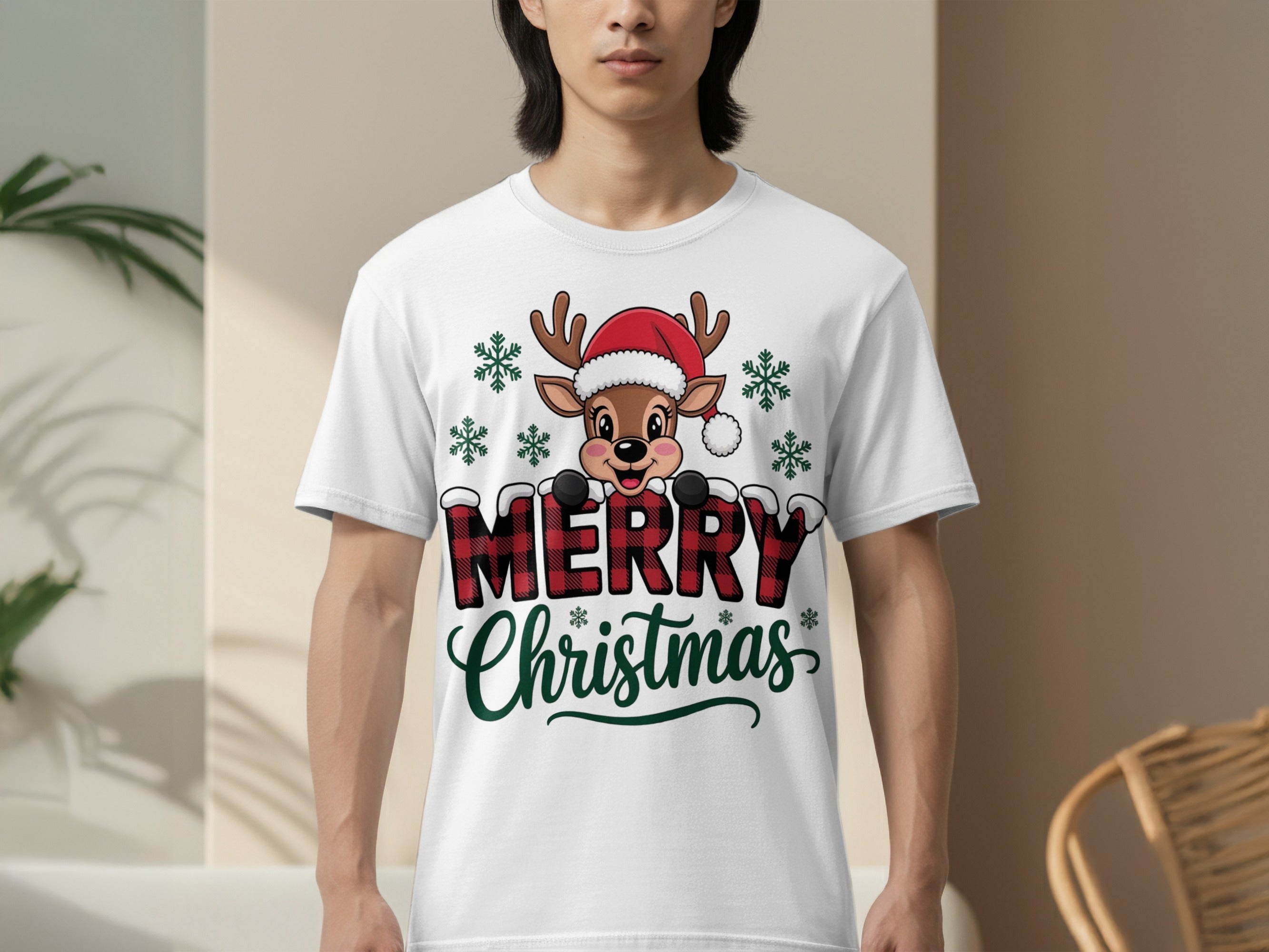 Merry Christmas Reindeer Santa Graphic T-shirt