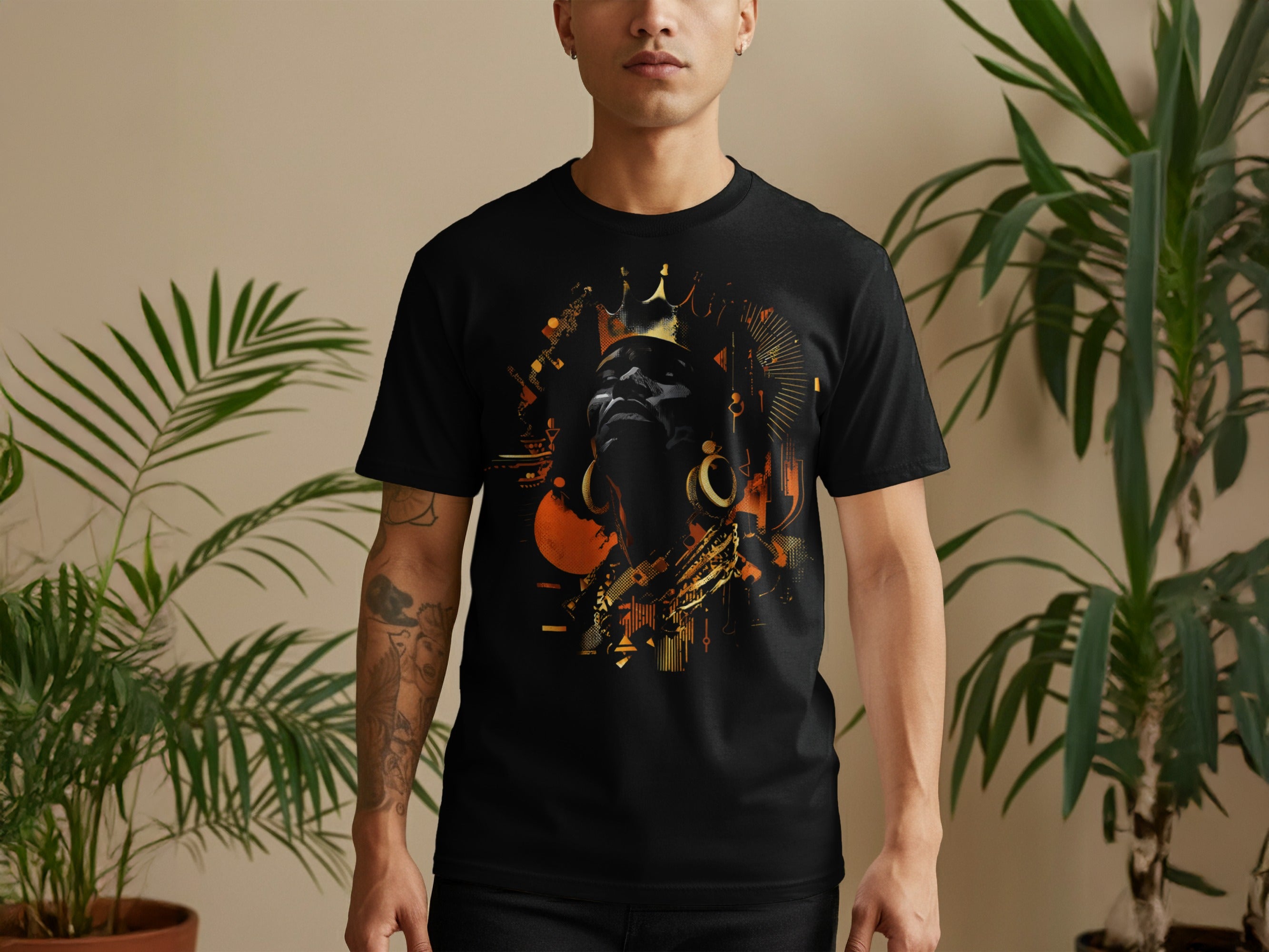 Unique Artistic Crow and Crown Design Printed T-Shirt