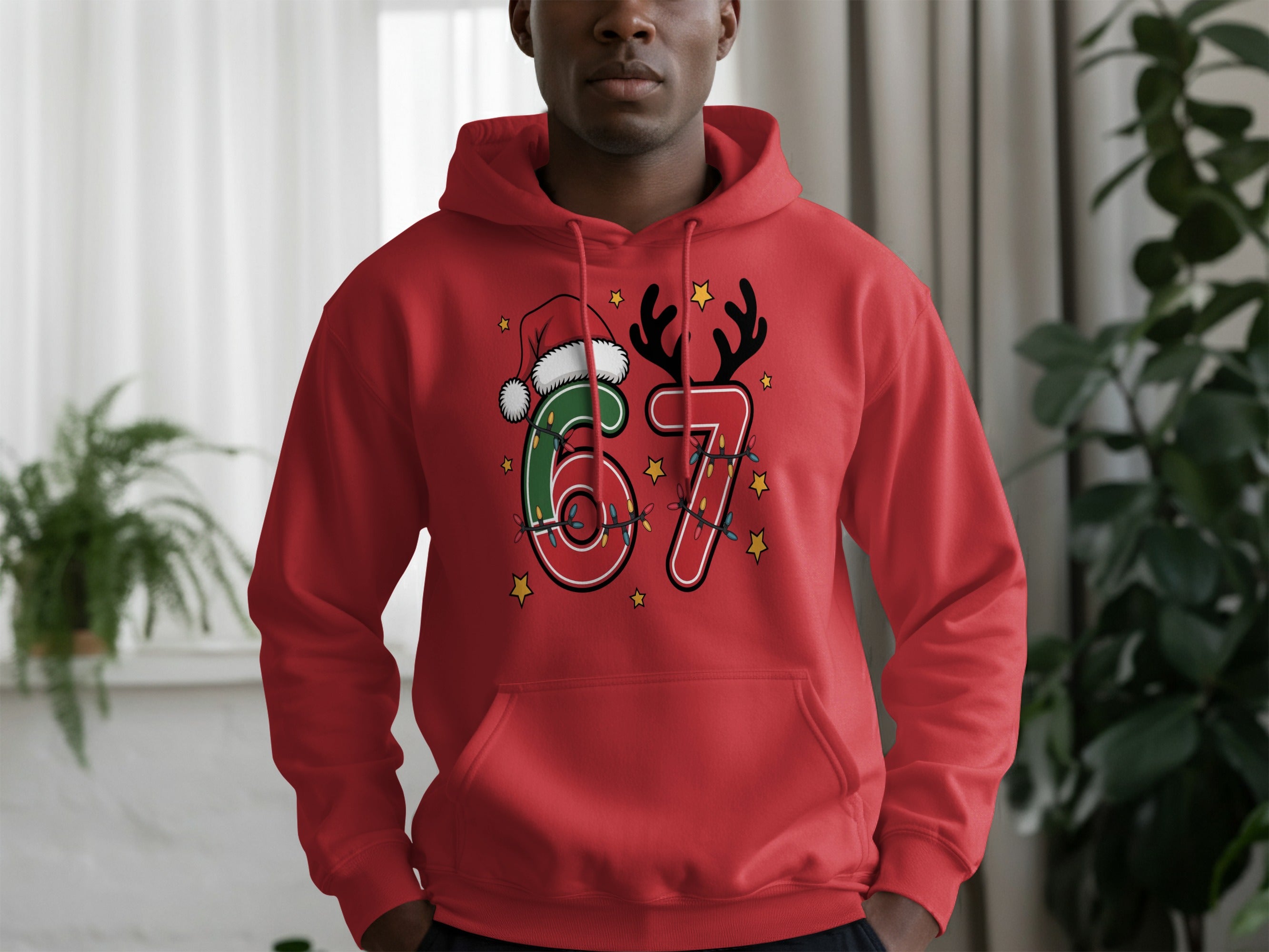 Festive Red Hoodie with Holiday Number 67 Design