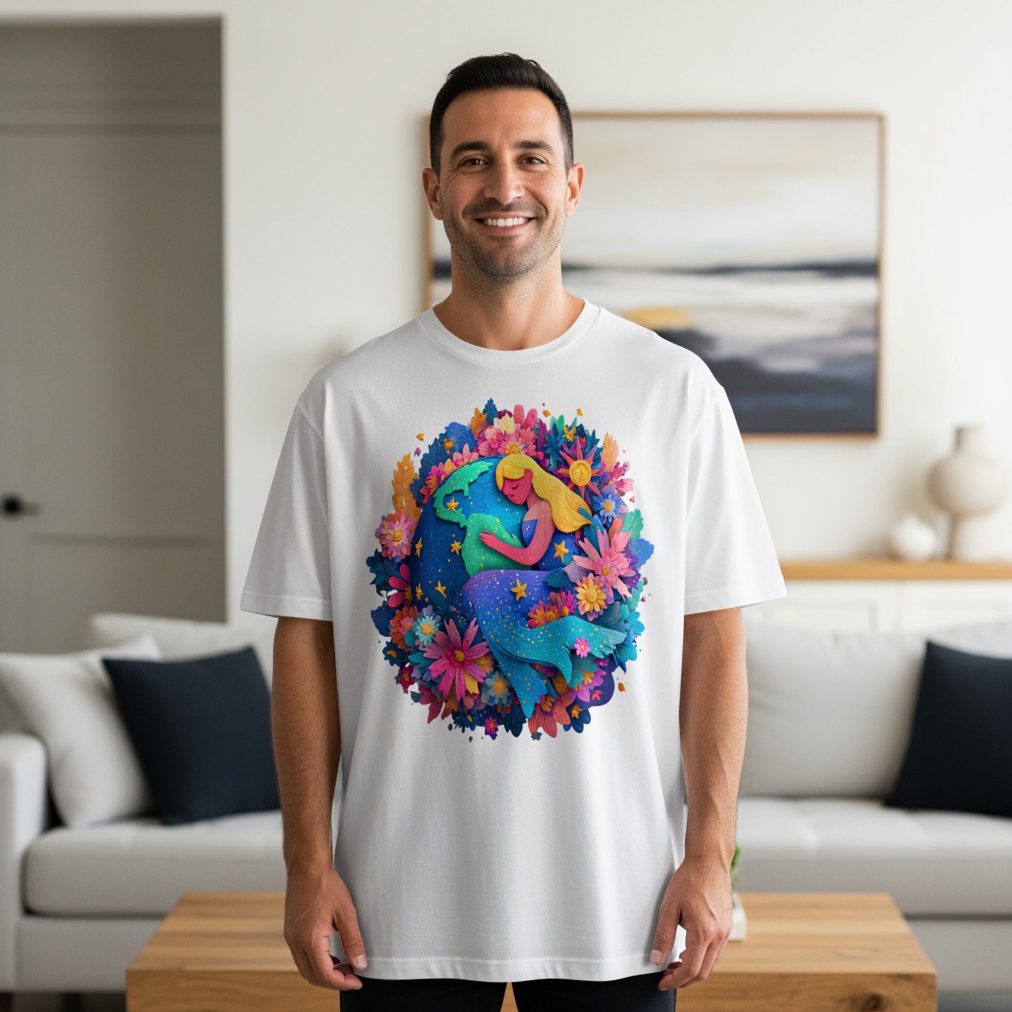 Vibrant Mermaid and Flowers Graphic Print T-shirt