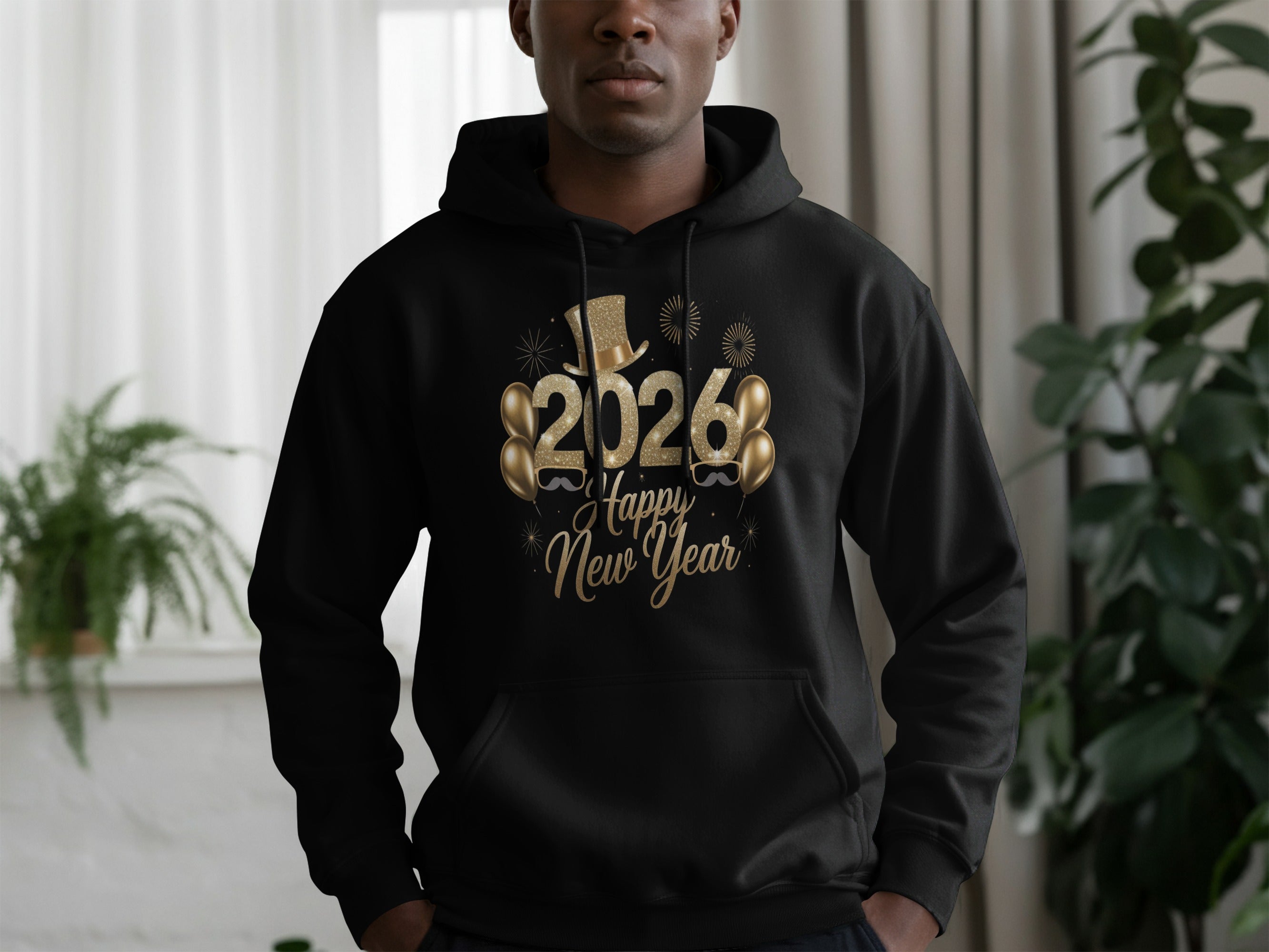 2024 Happy New Year Hoodie with Gold Decorations